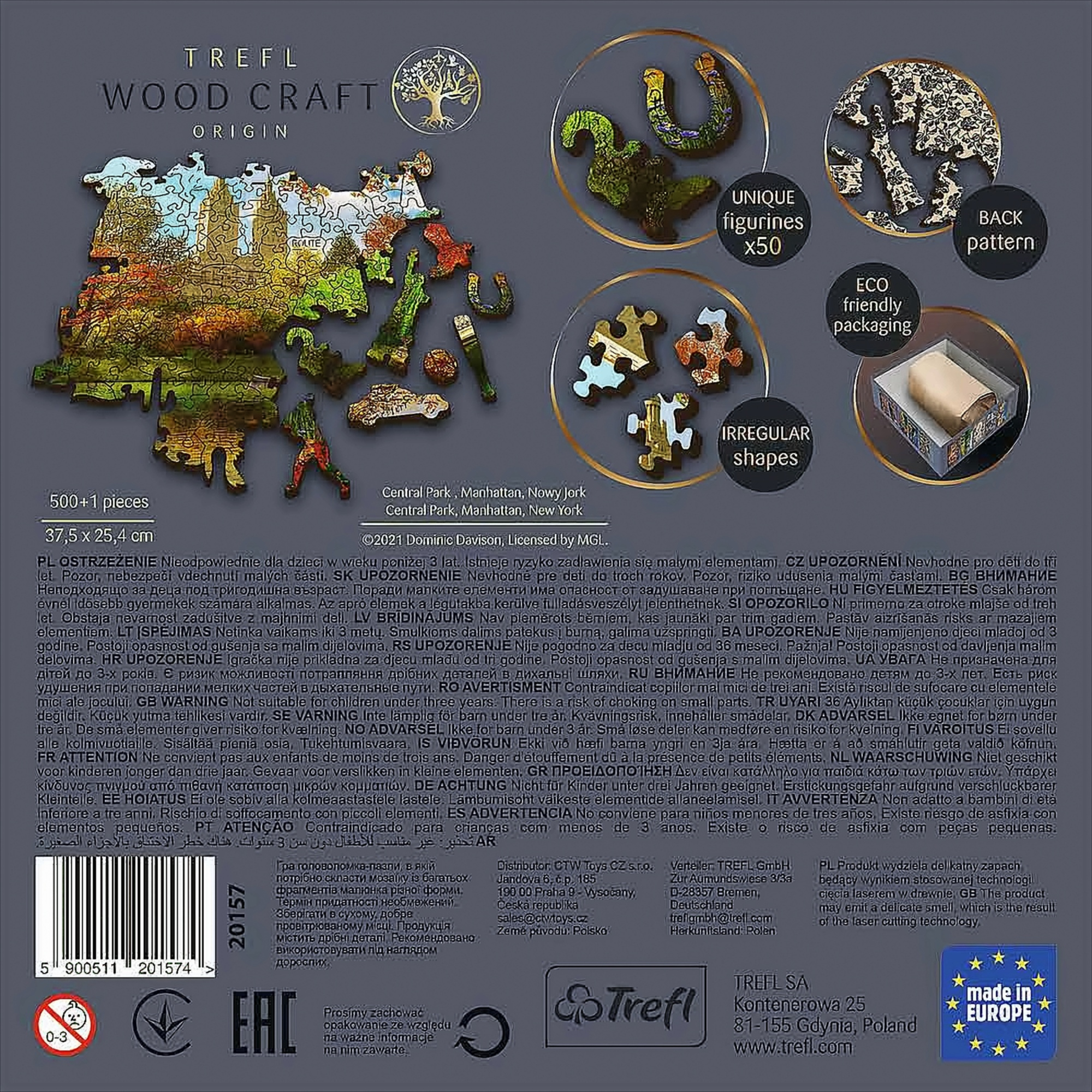 Parte trasera de una caja de rompecabezas que muestra piezas del rompecabezas, instrucciones y un paisaje, con detalles de texto.