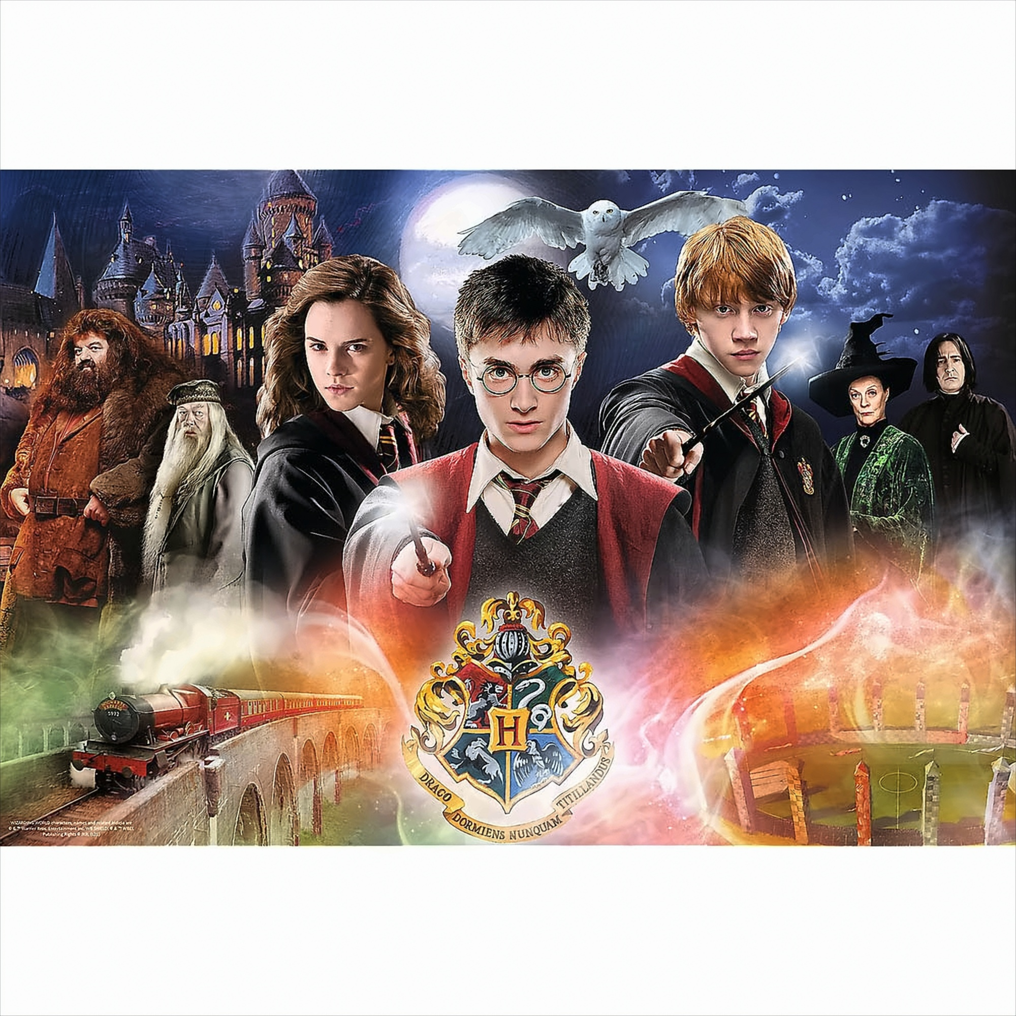 Harry Potter scene. Characters stand before Hogwarts, train, and a full moon. The Hogwarts crest is in the foreground.