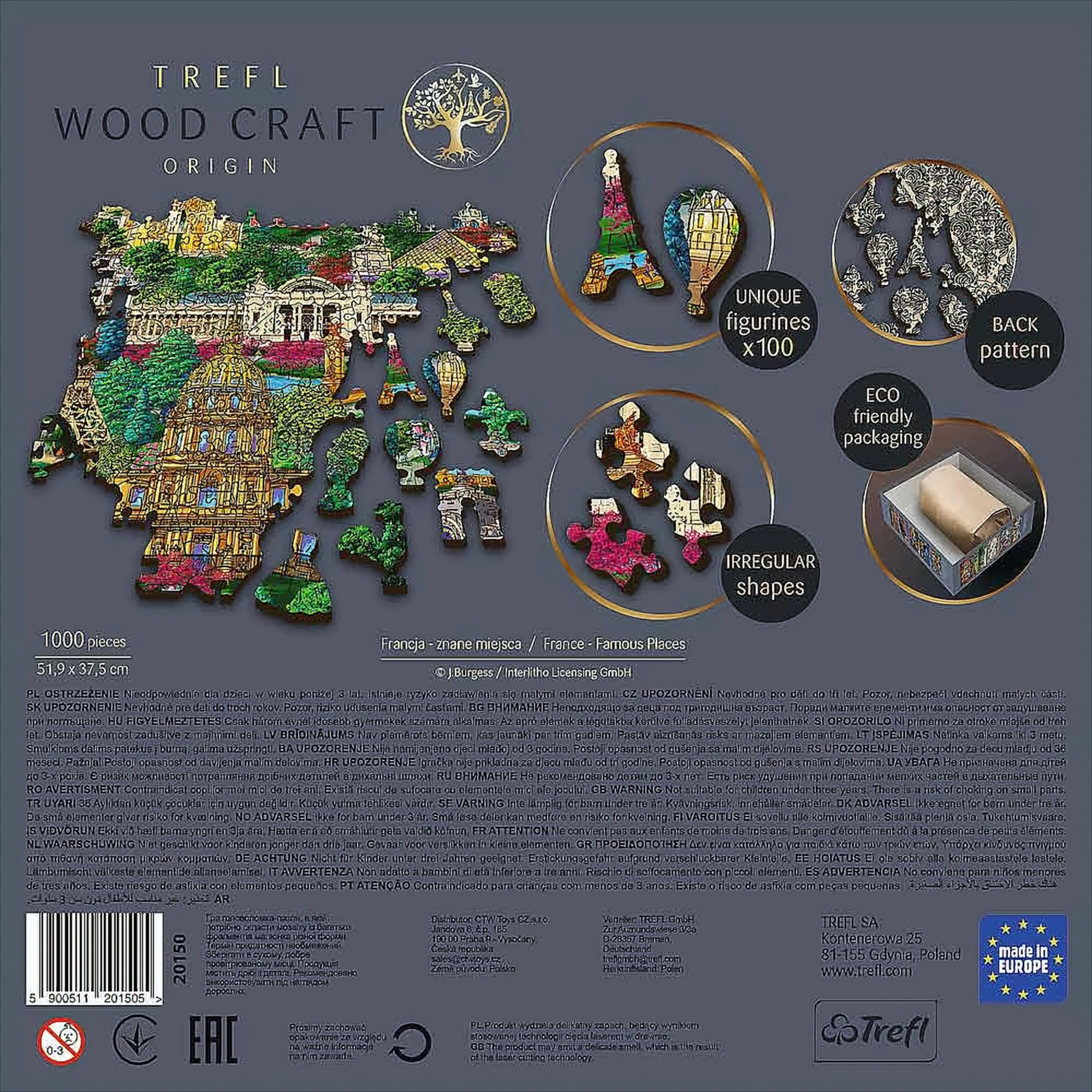 Tył pudełka z puzzlami. Zawiera elementy puzzli, nieregularne kształty, unikalne figurki i szczegóły dotyczące ekologicznego opakowania.