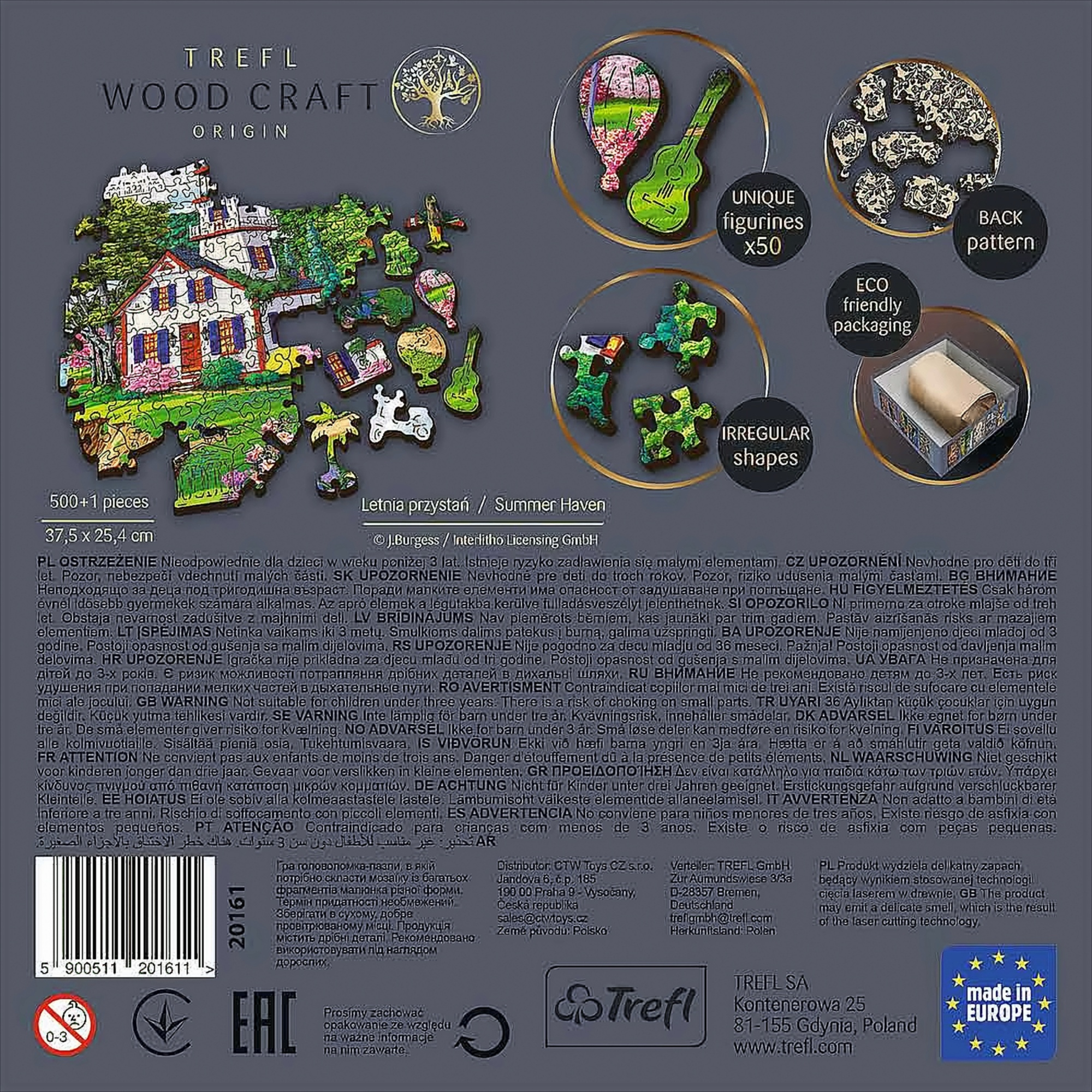 Tył pudełka z puzzlami pokazujący ukończoną układankę domu z małymi drewnianymi figurkami i różnymi kształtami.