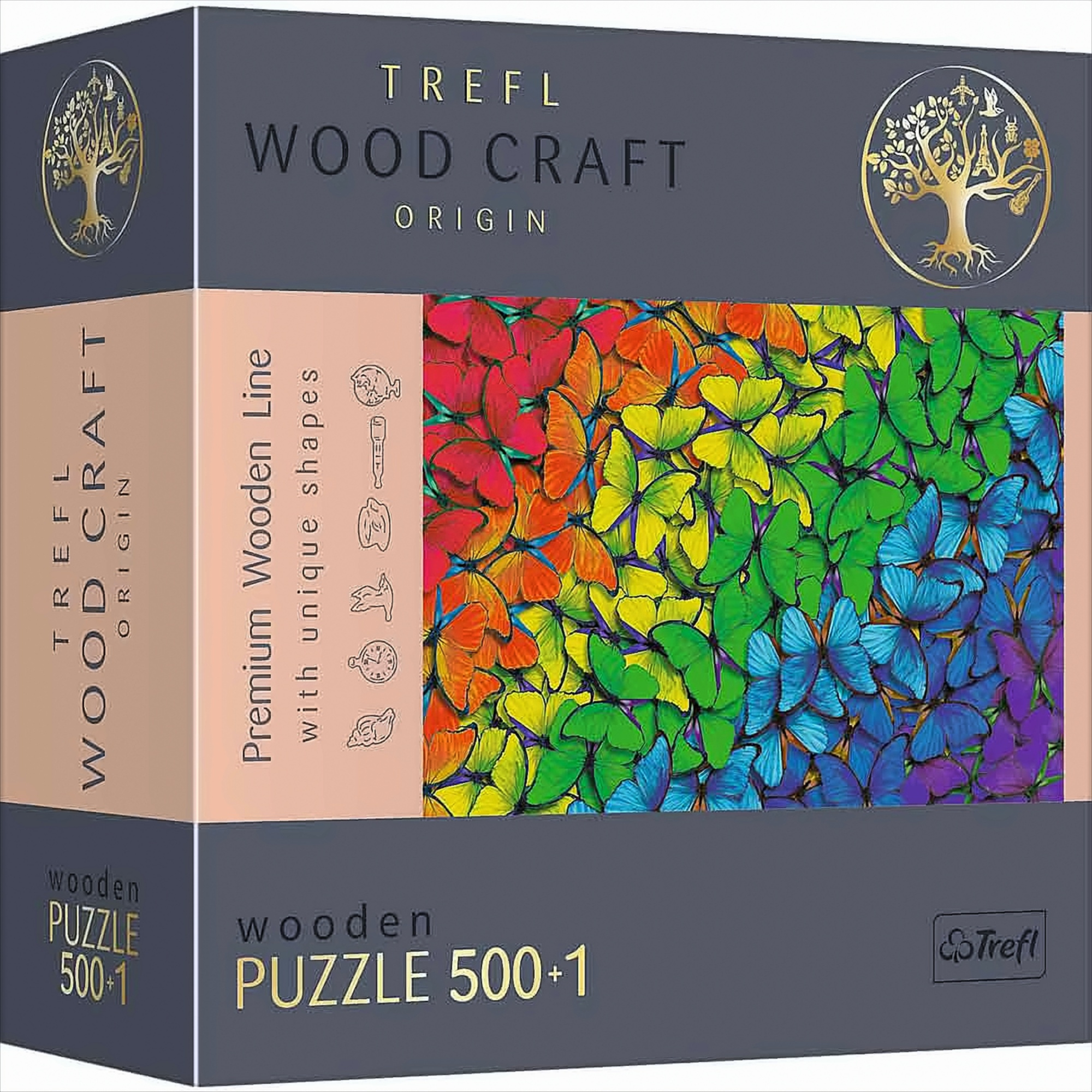 Pudełko z puzzlami z kolorowymi motylami. To drewniane puzzle, przedstawiające gradient żywych obrazów motyli.