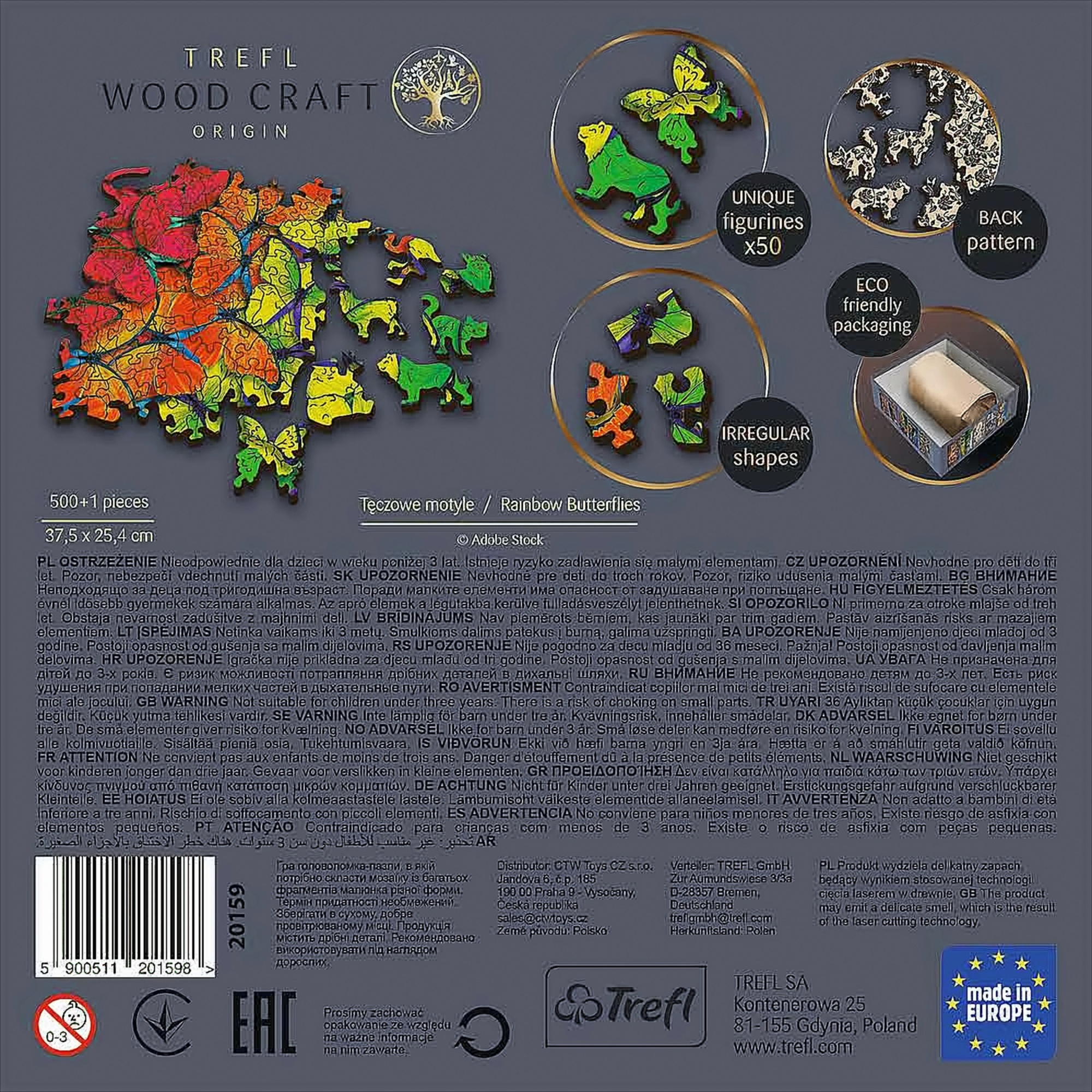 Drewniana układanka z kolorowymi motylami i zwierzętami. Opakowanie z tekstem i zdjęciami.