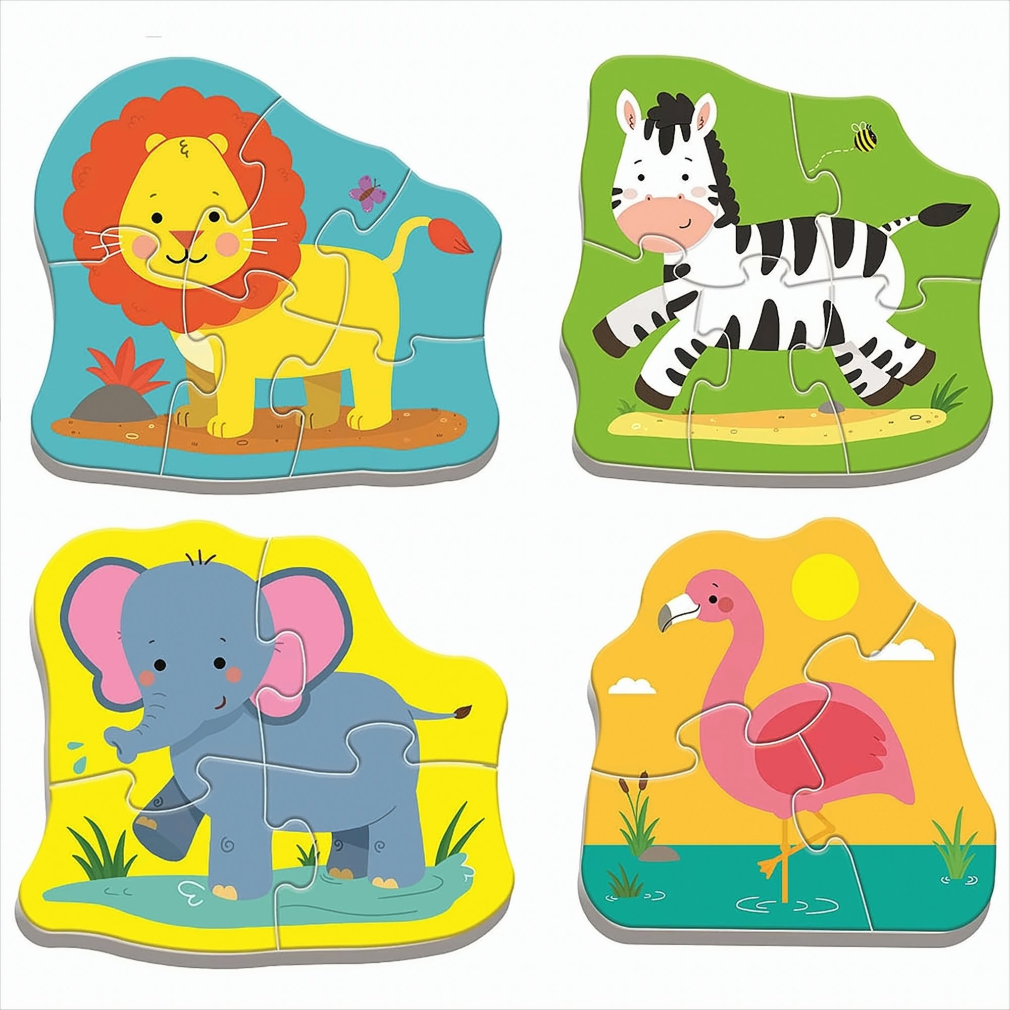 Four animal puzzles: lion, zebra, elephant, and flamingo. Each animal is on a different-colored background.