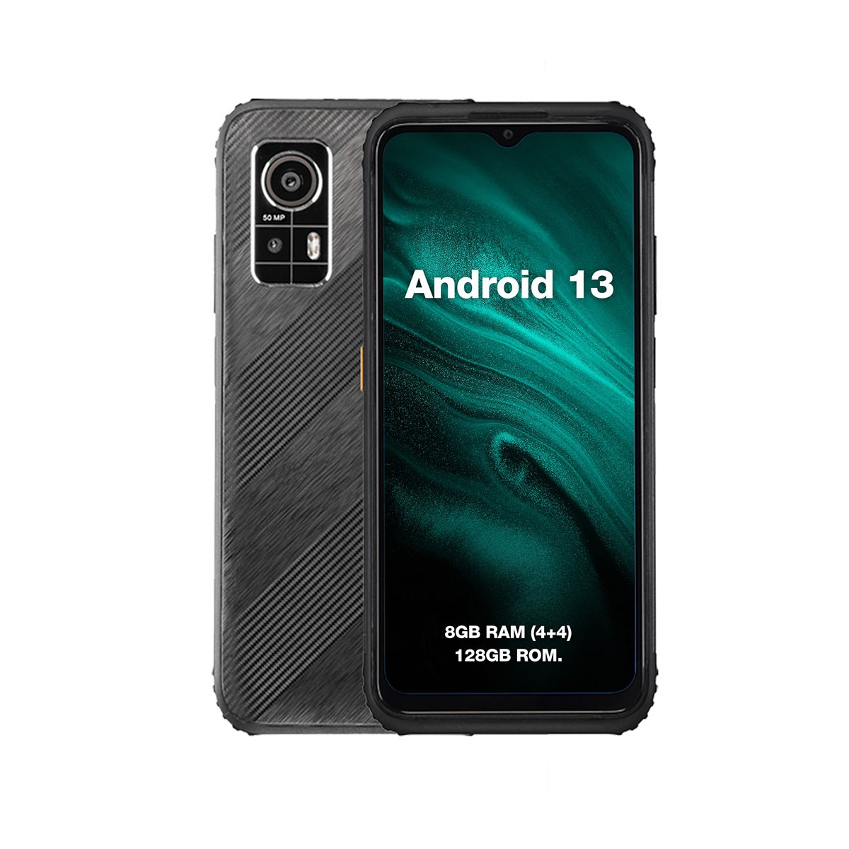 Czarny smartfon z czarną obudową i ekranem wyświetlającym 'Android 13'.