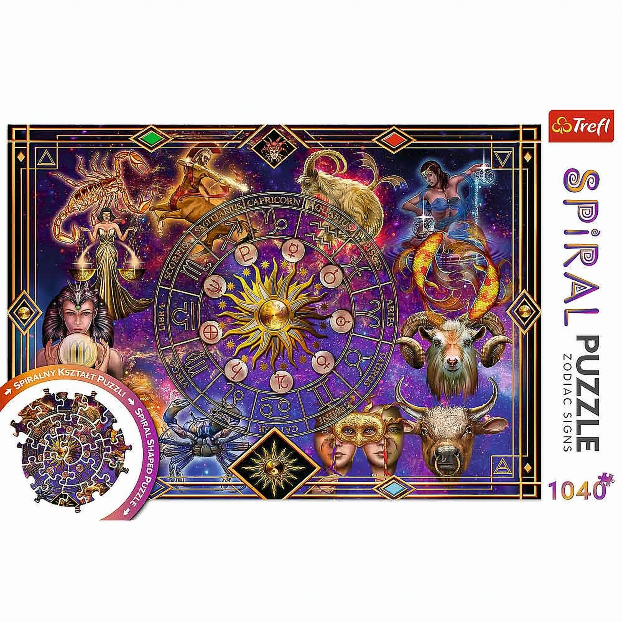Rompecabezas espiral con signos del zodiaco, un sol y estrellas. Caja con imagen del rompecabezas.