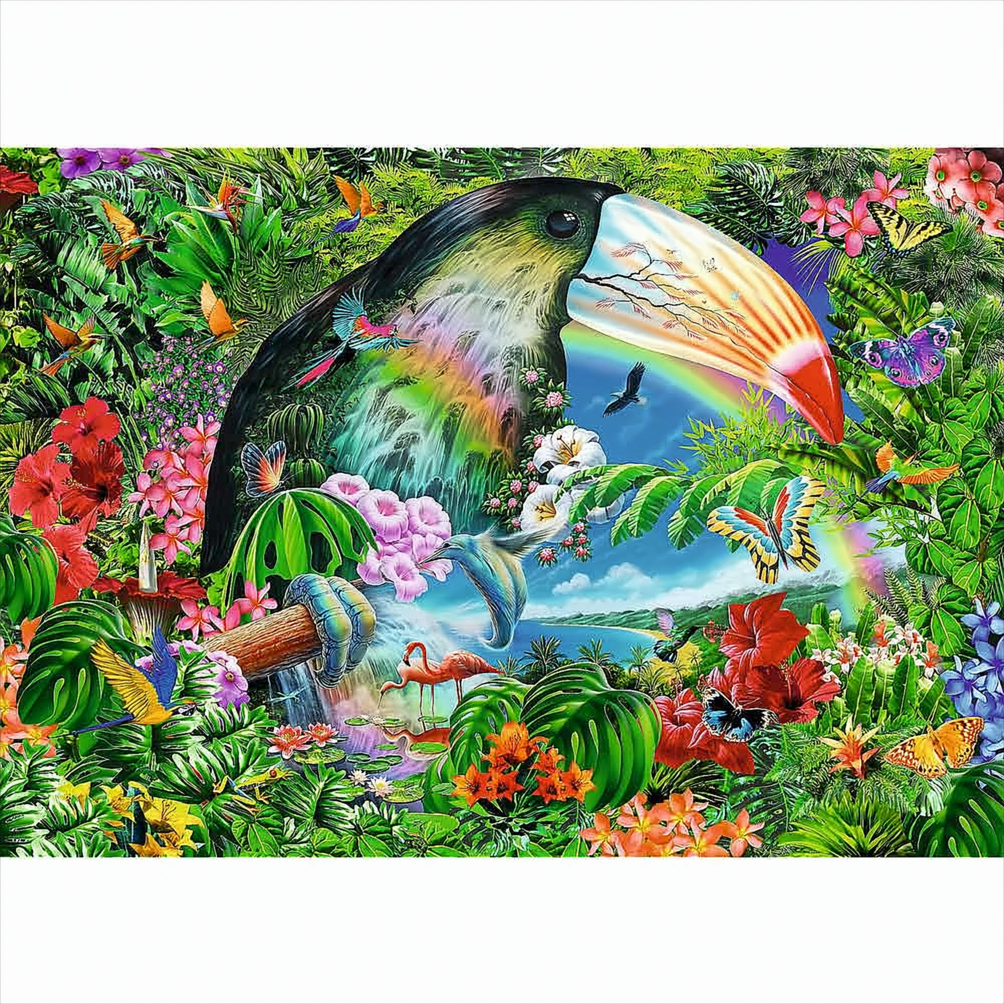 Arte de tucán colorido. El ave tiene un pico arcoíris, rodeado de follaje y flores de la selva.