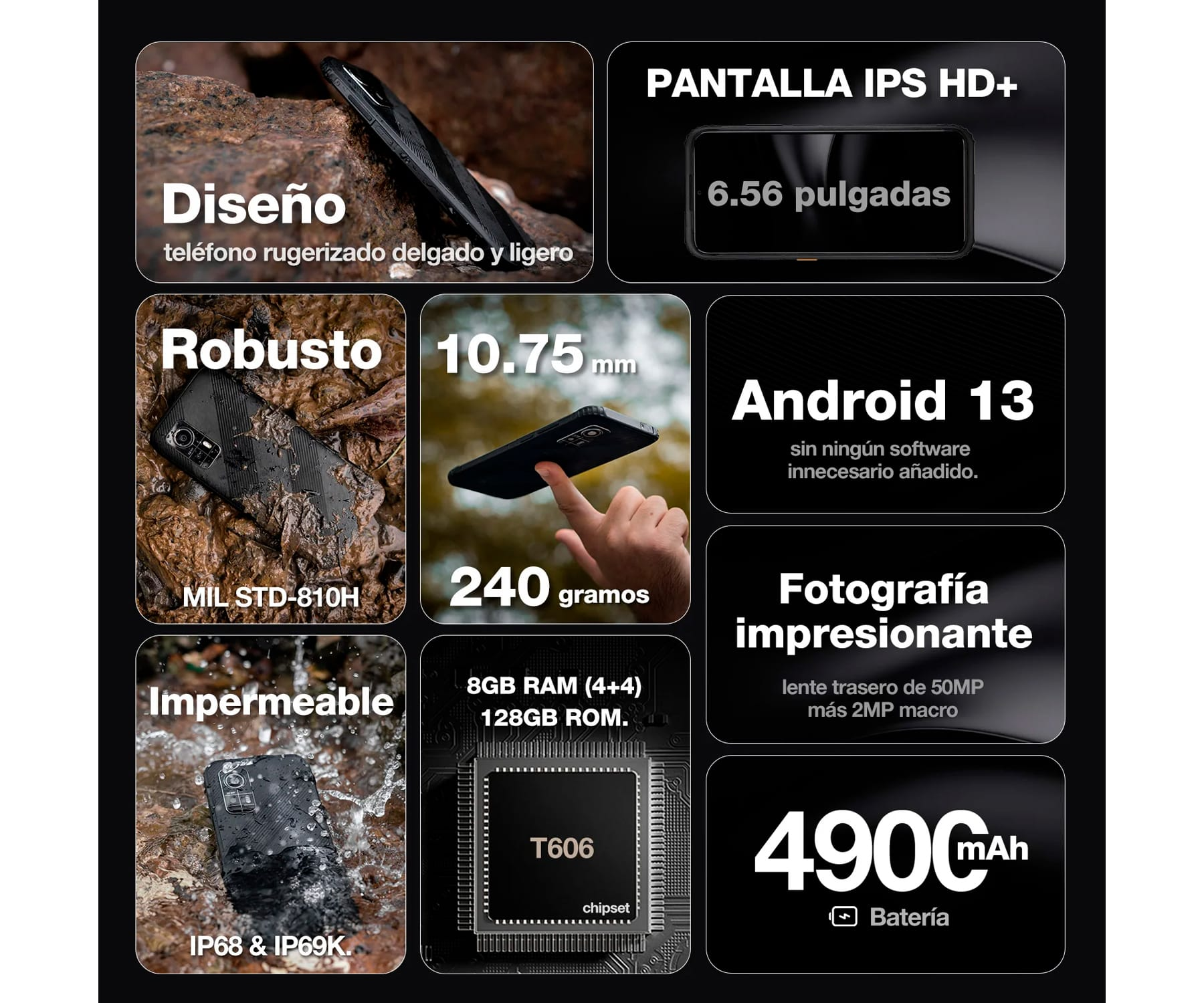 Czarny, wytrzymały smartfon ze szczegółami funkcji, takich jak RAM, ekran i bateria.
