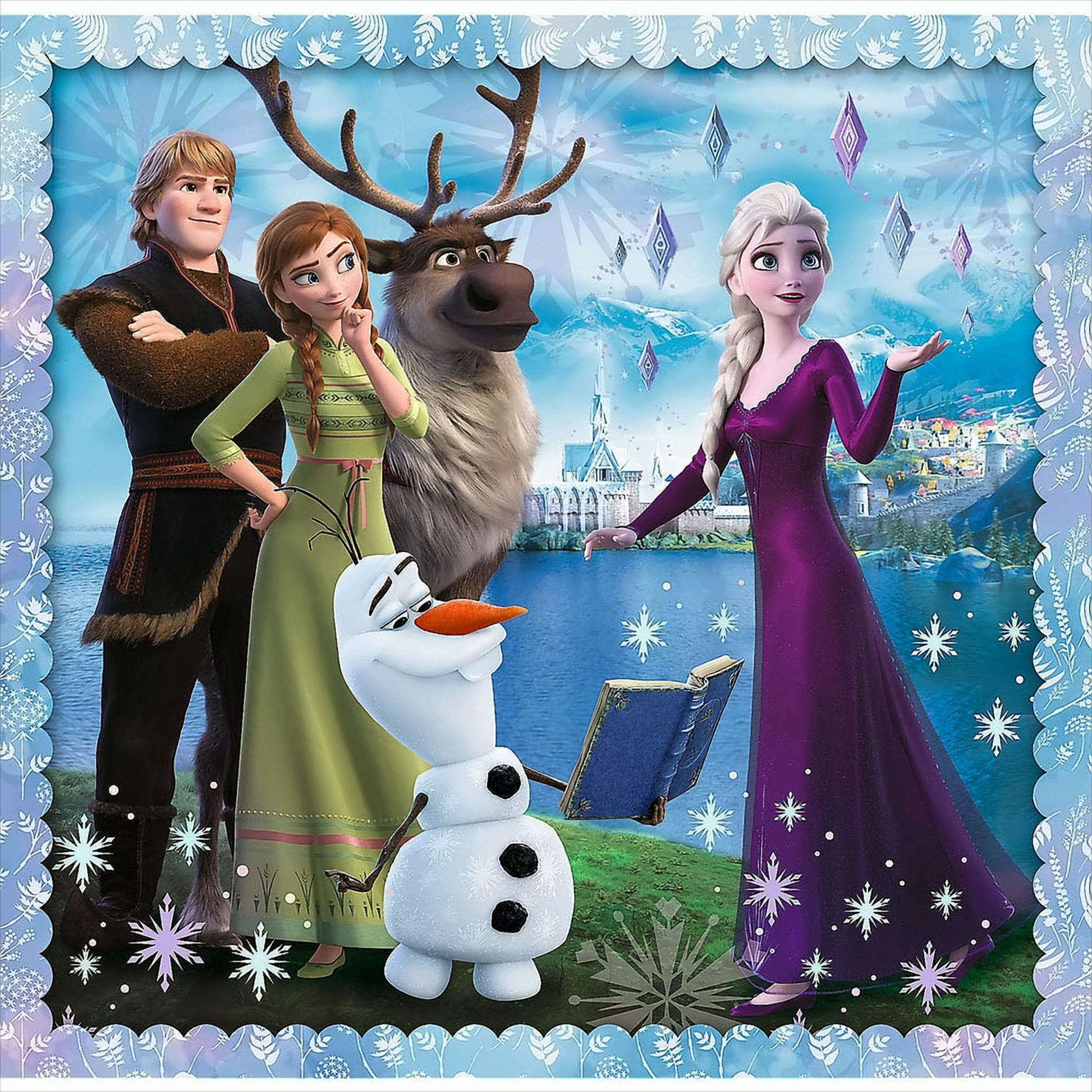 Personajes de Frozen: Elsa, Anna, Kristoff, Olaf y Sven. Elsa con vestido morado. La escena incluye un lago y un pueblo.