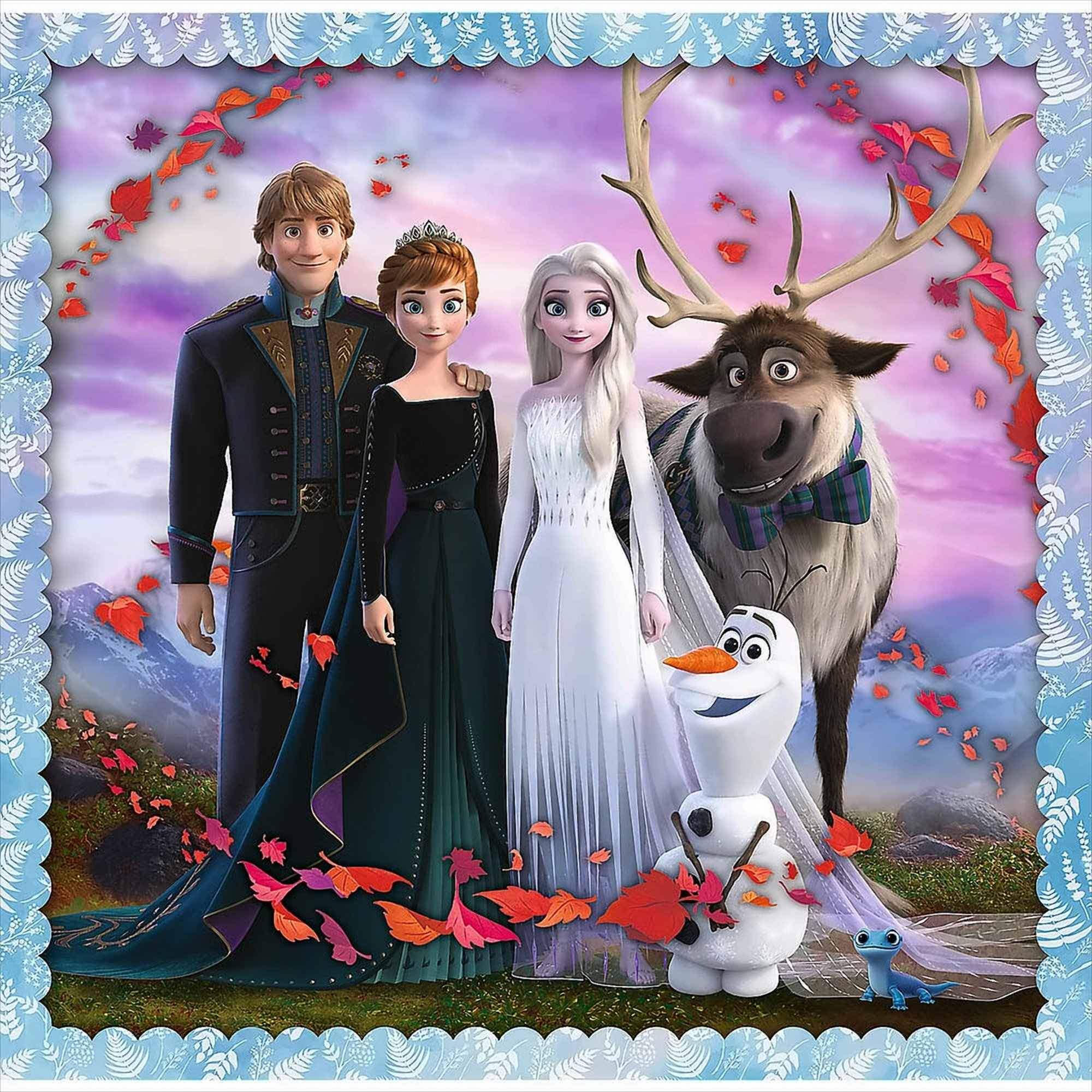 Personajes de Frozen: Anna, Elsa, Kristoff, Sven, Olaf y una salamandra. Hojas de otoño y montañas.