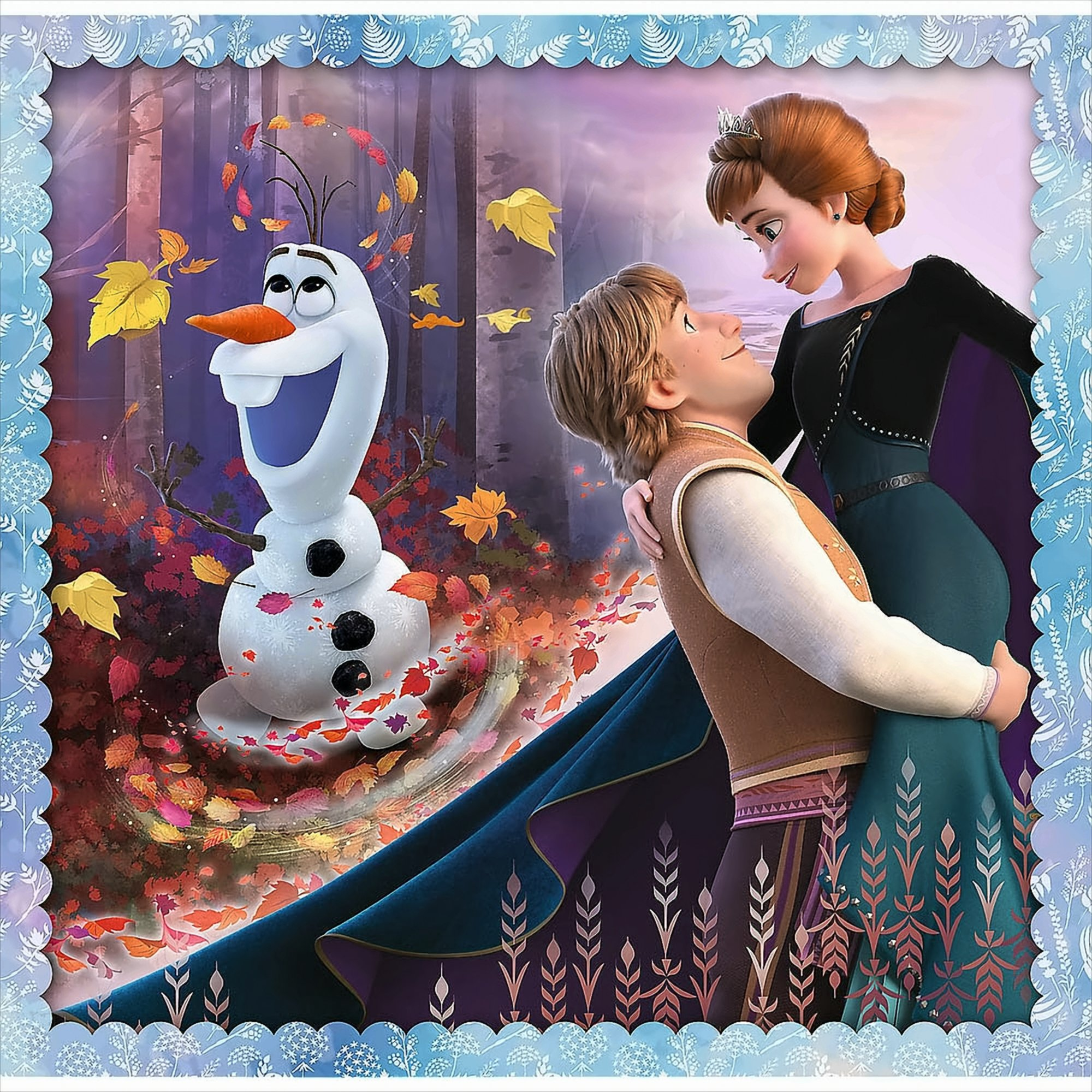 Anna y Kristoff se abrazan, Olaf observa. Hojas de otoño giran. Fondo de bosque. El marco tiene un diseño floral azul.