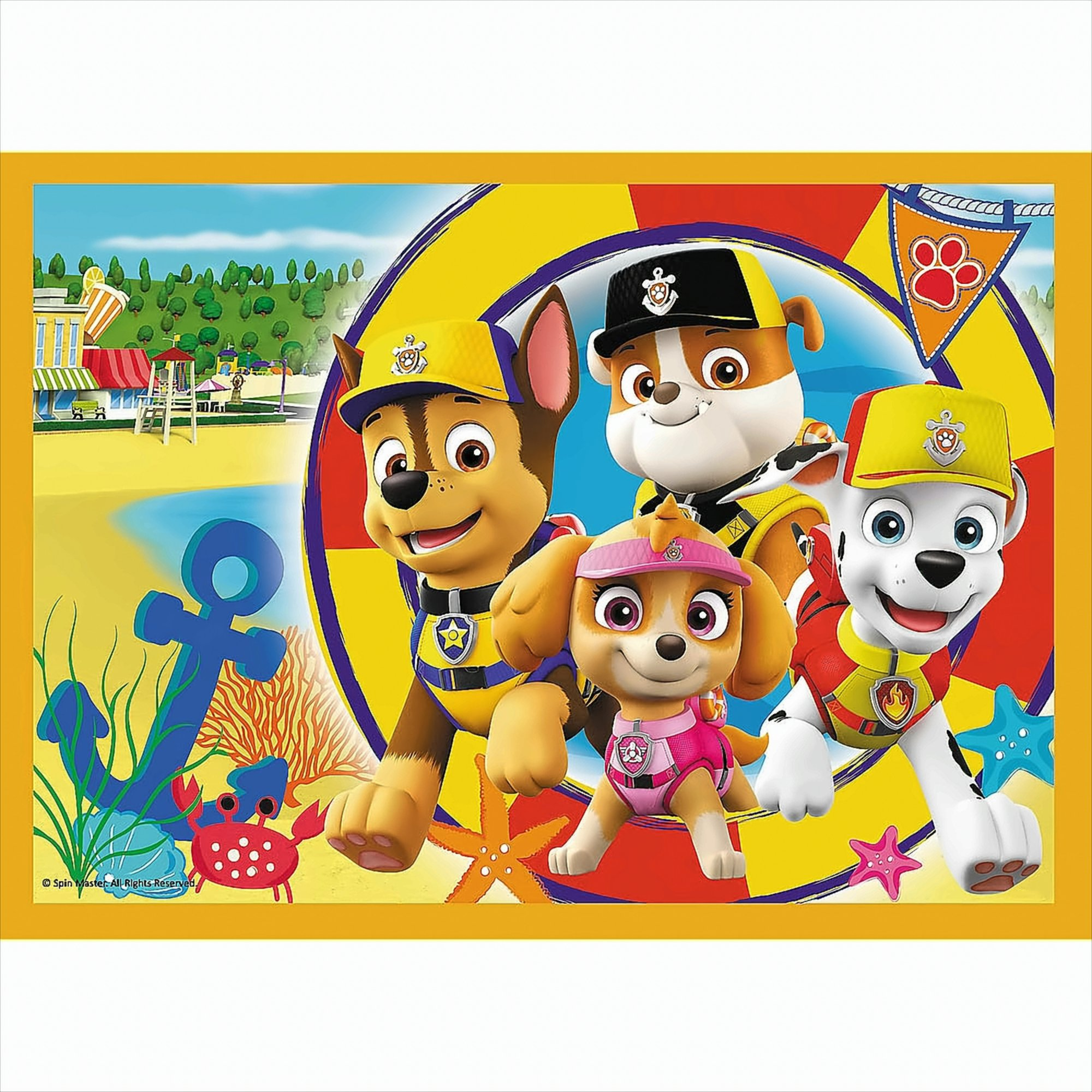 Personajes de Paw Patrol en una playa. Chase, Marshall, Skye y Rubble están frente a un gran flotador amarillo.