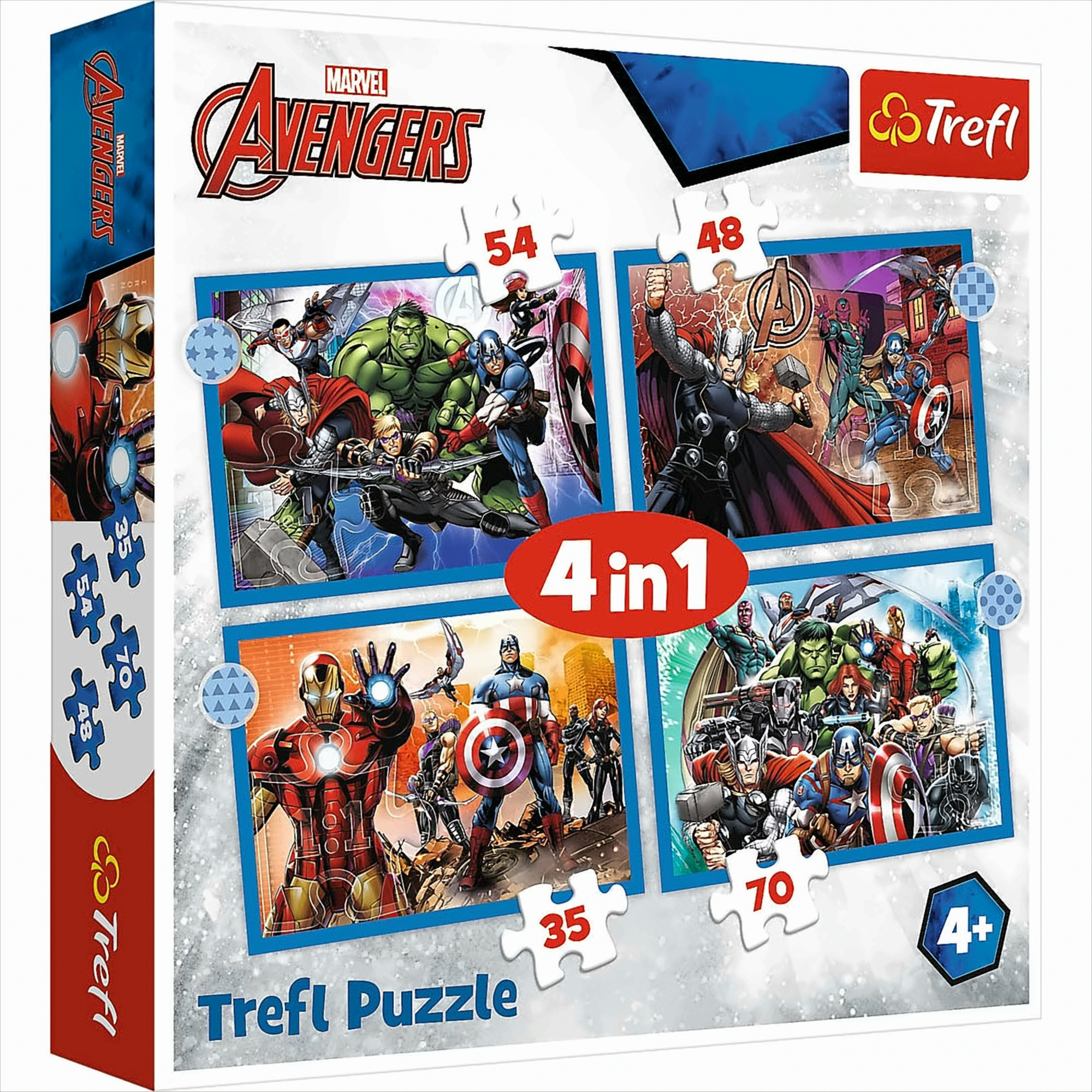 Pudełko z puzzlami Avengers 4 w 1. Pudełko przedstawia wizerunki postaci z Avengers w różnych pozach akcji.