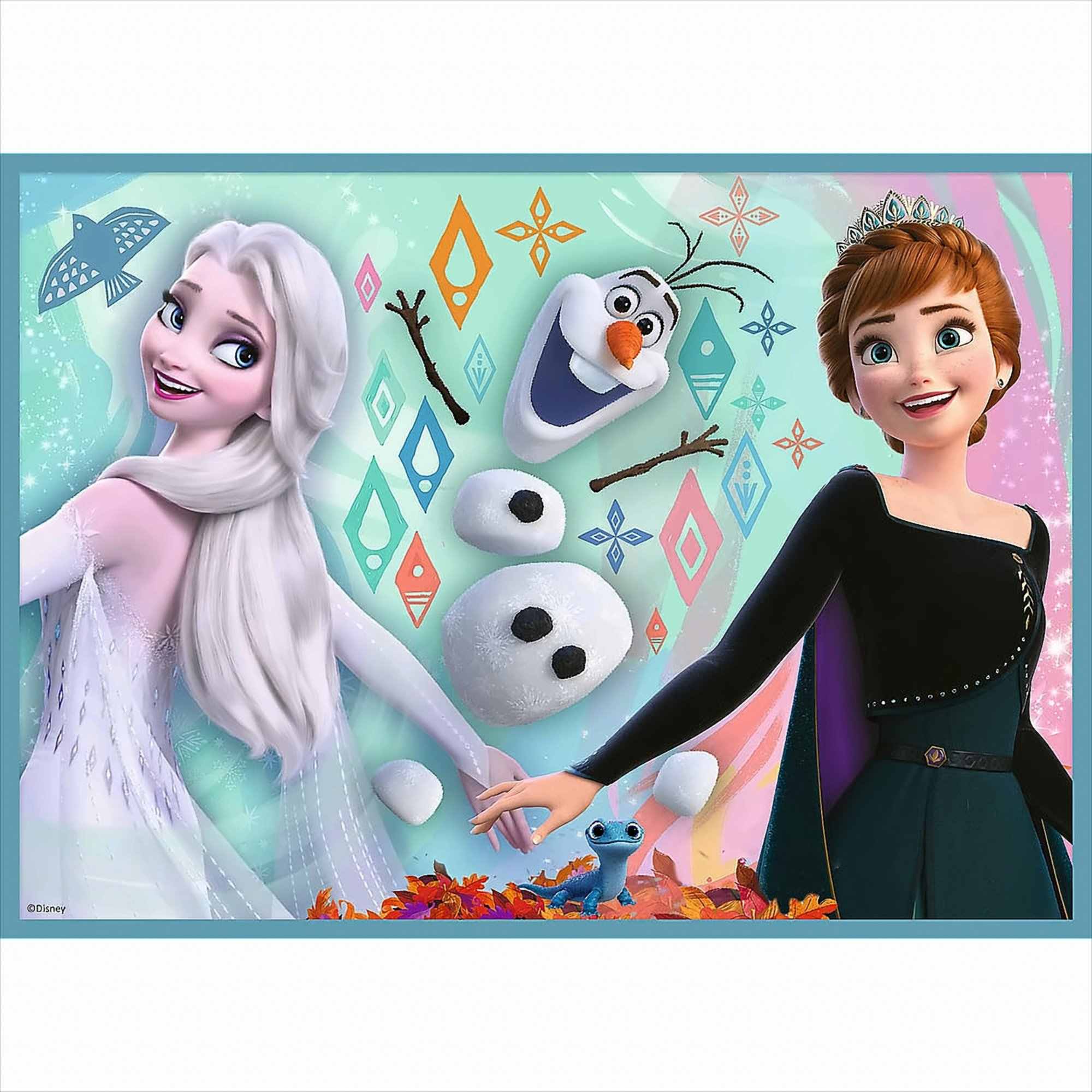 Elsa and Anna smiling, with Olaf and a small blue creature. Wintery scene, with colorful decorations.
