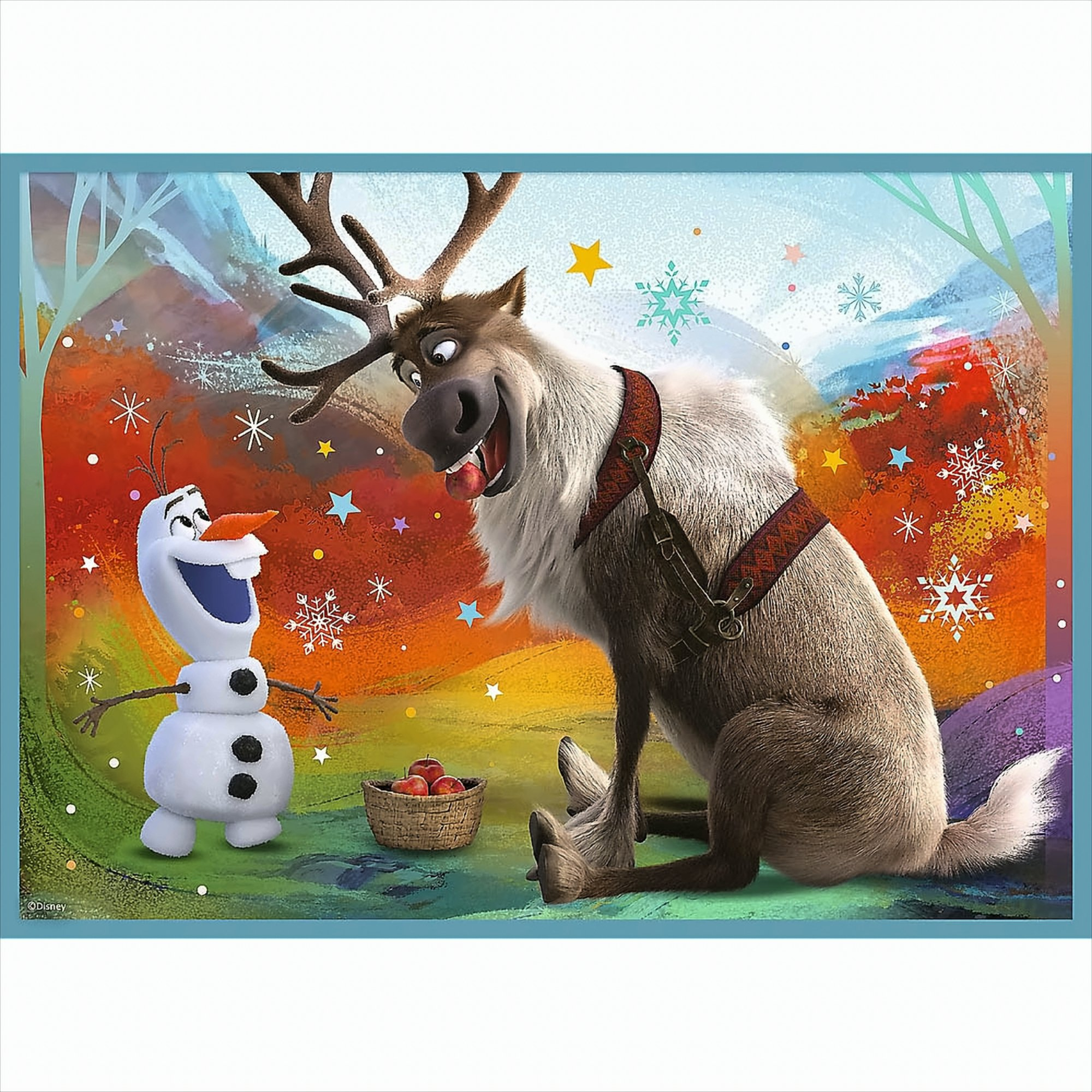 Olaf and Sven in a colorful winter scene. Snowflakes and stars are in the background, with a basket of apples.
