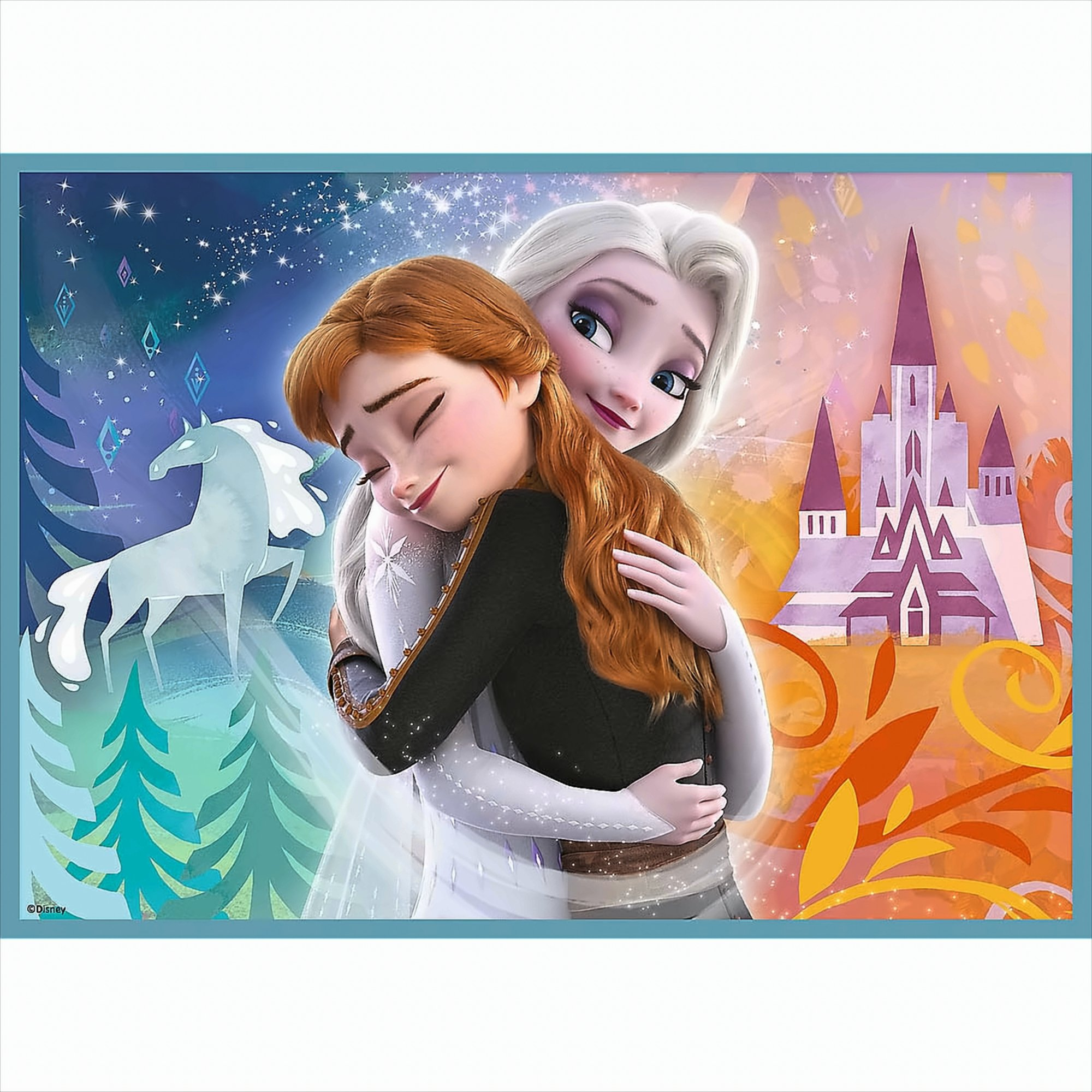Two Frozen characters hug. Elsa hugs Anna. Scene has a castle and a horse-like creature in the background.