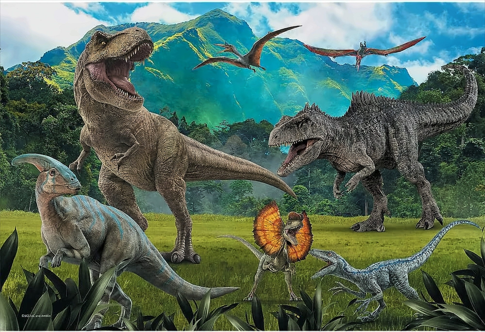 Dinozaury w scenerii dżungli. T-Rex, Parasaurolof, Dilofozaur, Welociraptor i dwa Pterozaury. Zielone tło.