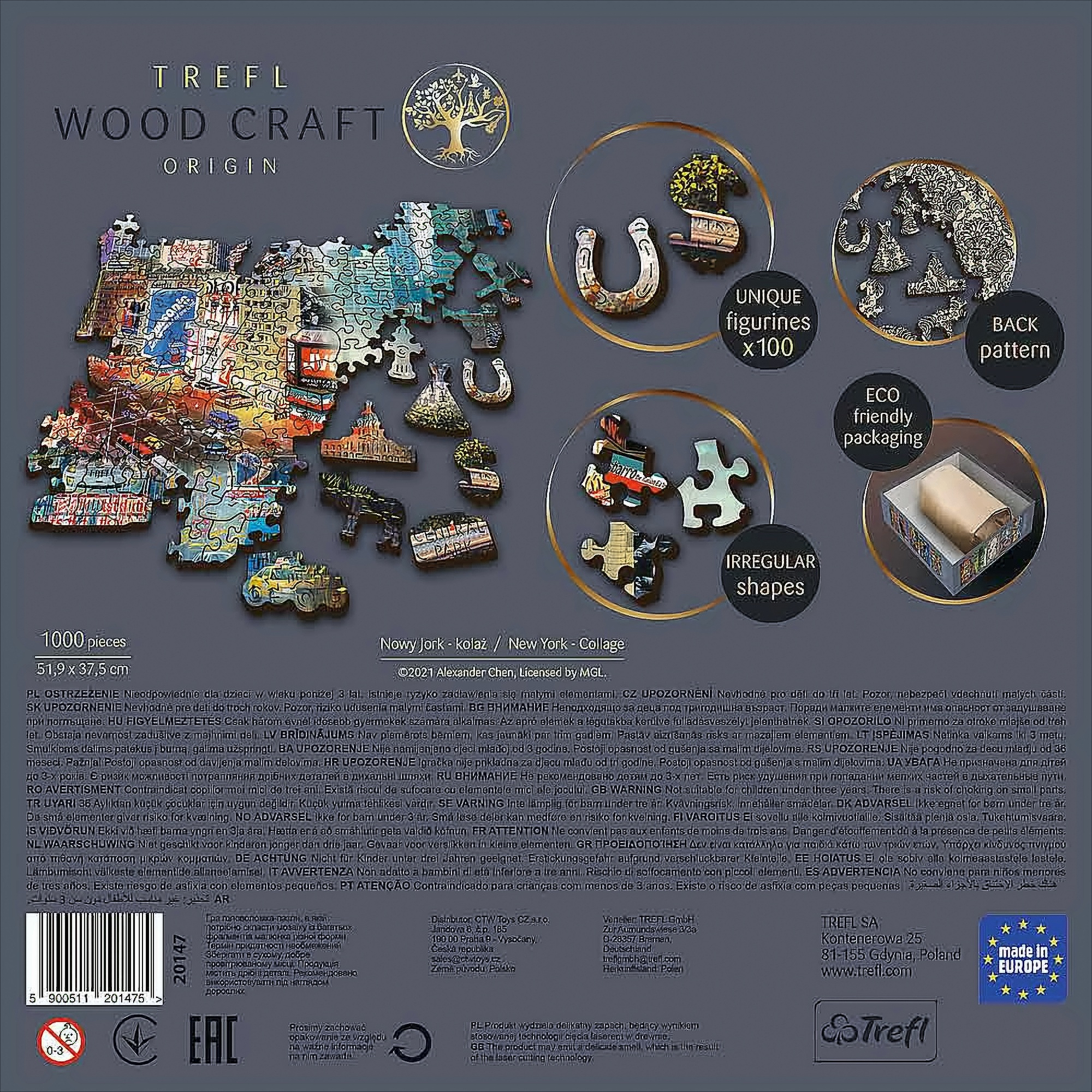 Parte trasera de una caja de rompecabezas. Muestra piezas de rompecabezas, texto y el logotipo de Trefl Wood Craft Origin.