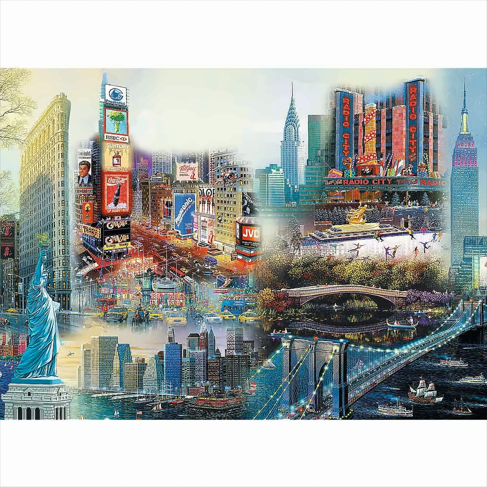 Una imagen de rompecabezas de paisaje urbano. Muestra la ciudad de Nueva York con la Estatua de la Libertad y un puente.