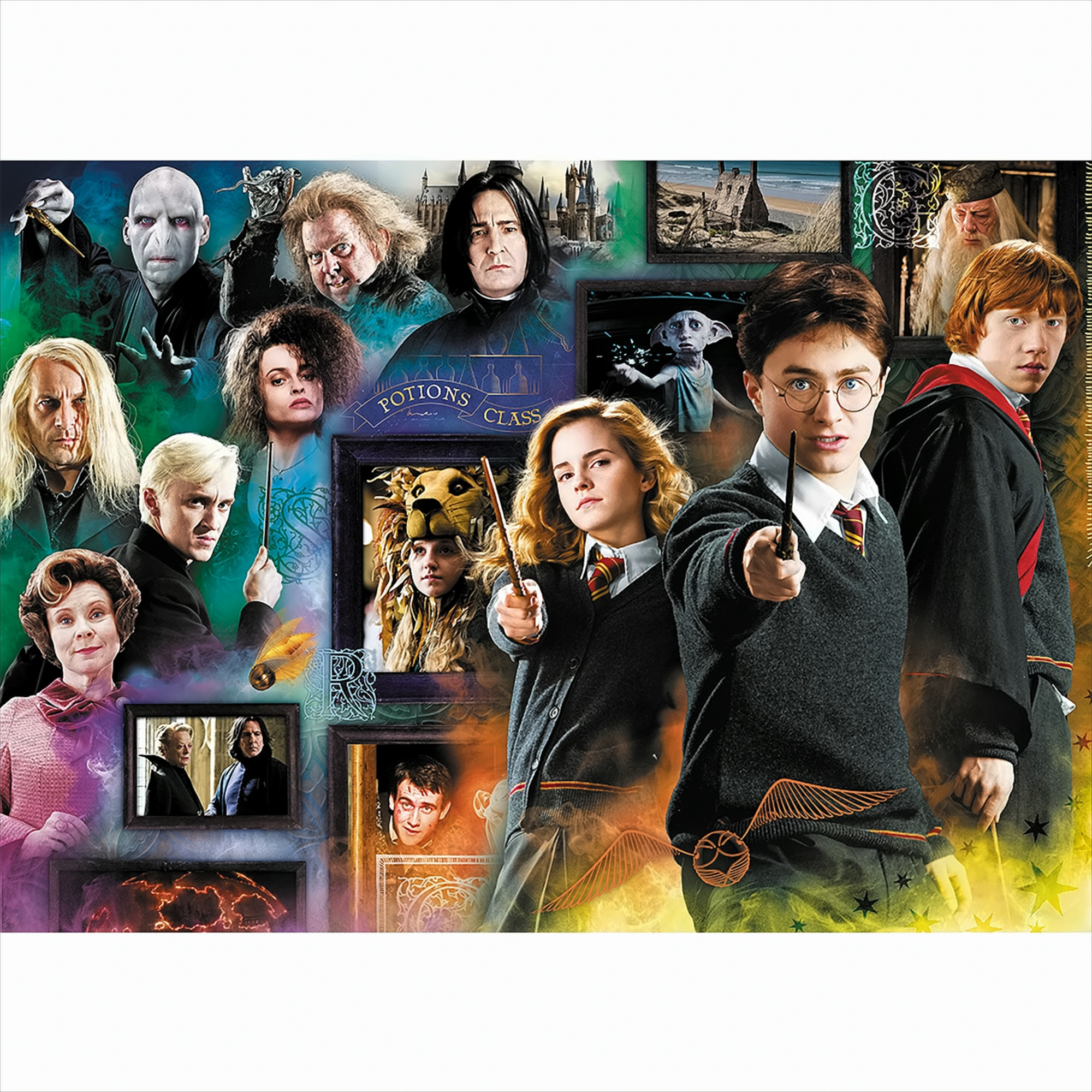 Puzzle avec des personnages de Harry Potter, sur un fond avec des images.