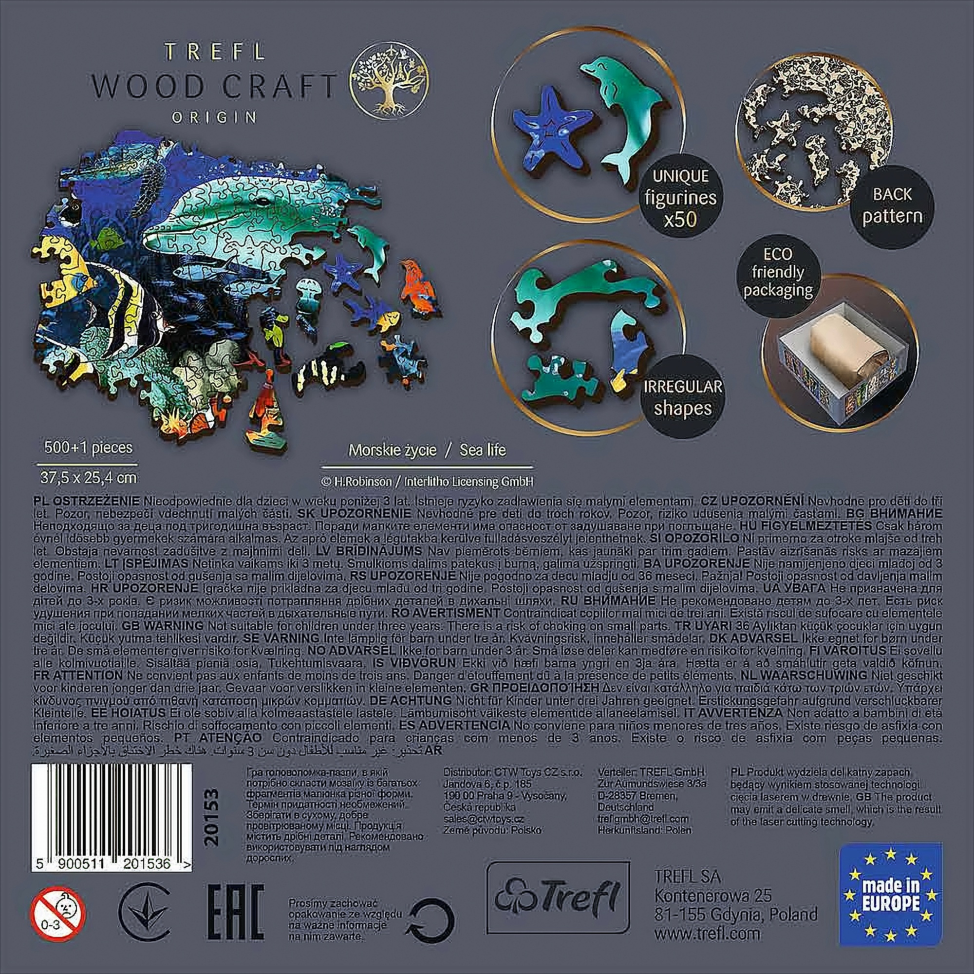 Parte trasera de la caja del rompecabezas con tema de vida marina, incluyendo texto e ilustraciones.