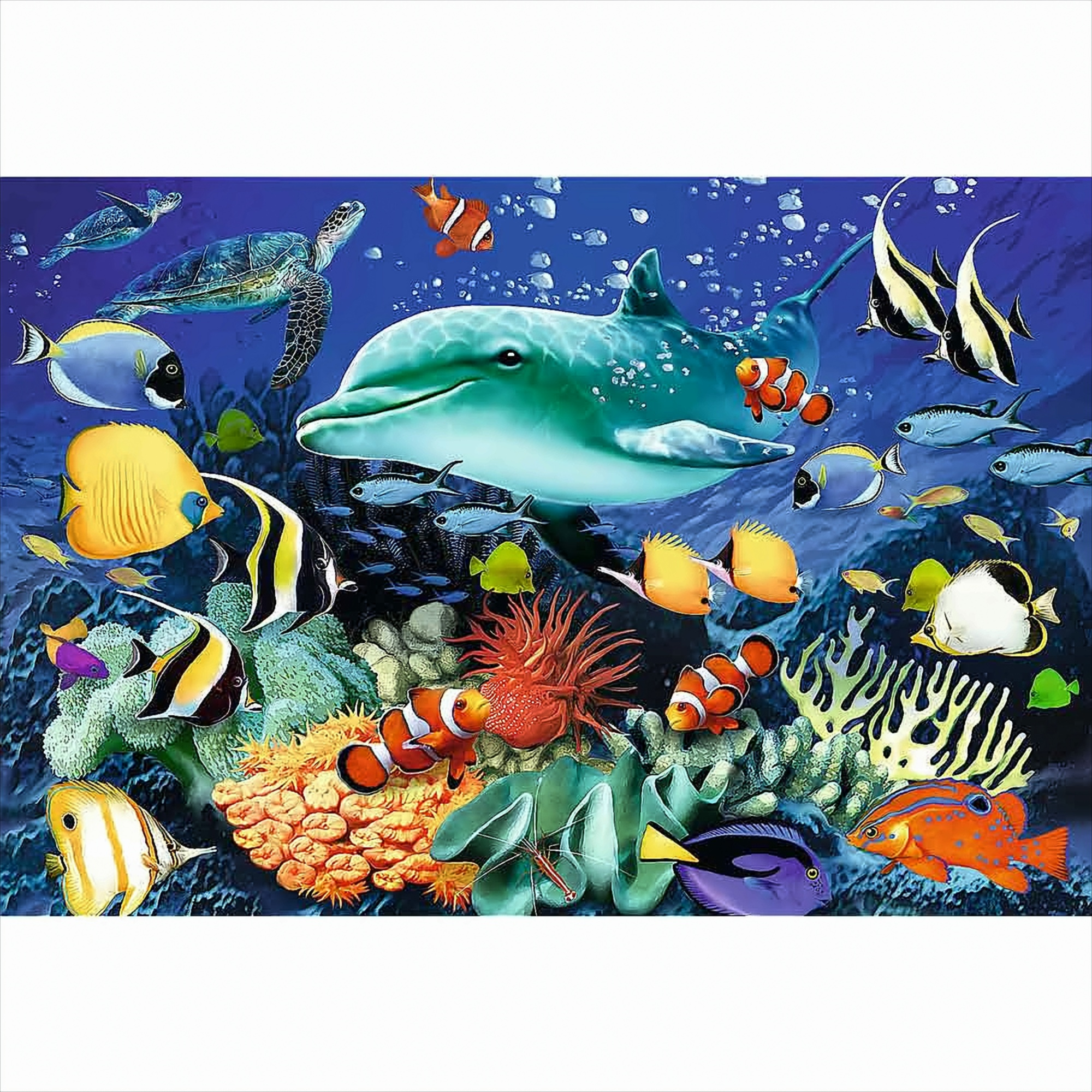 Rompecabezas que muestra una escena submarina con un delfín, peces, corales y vida marina.