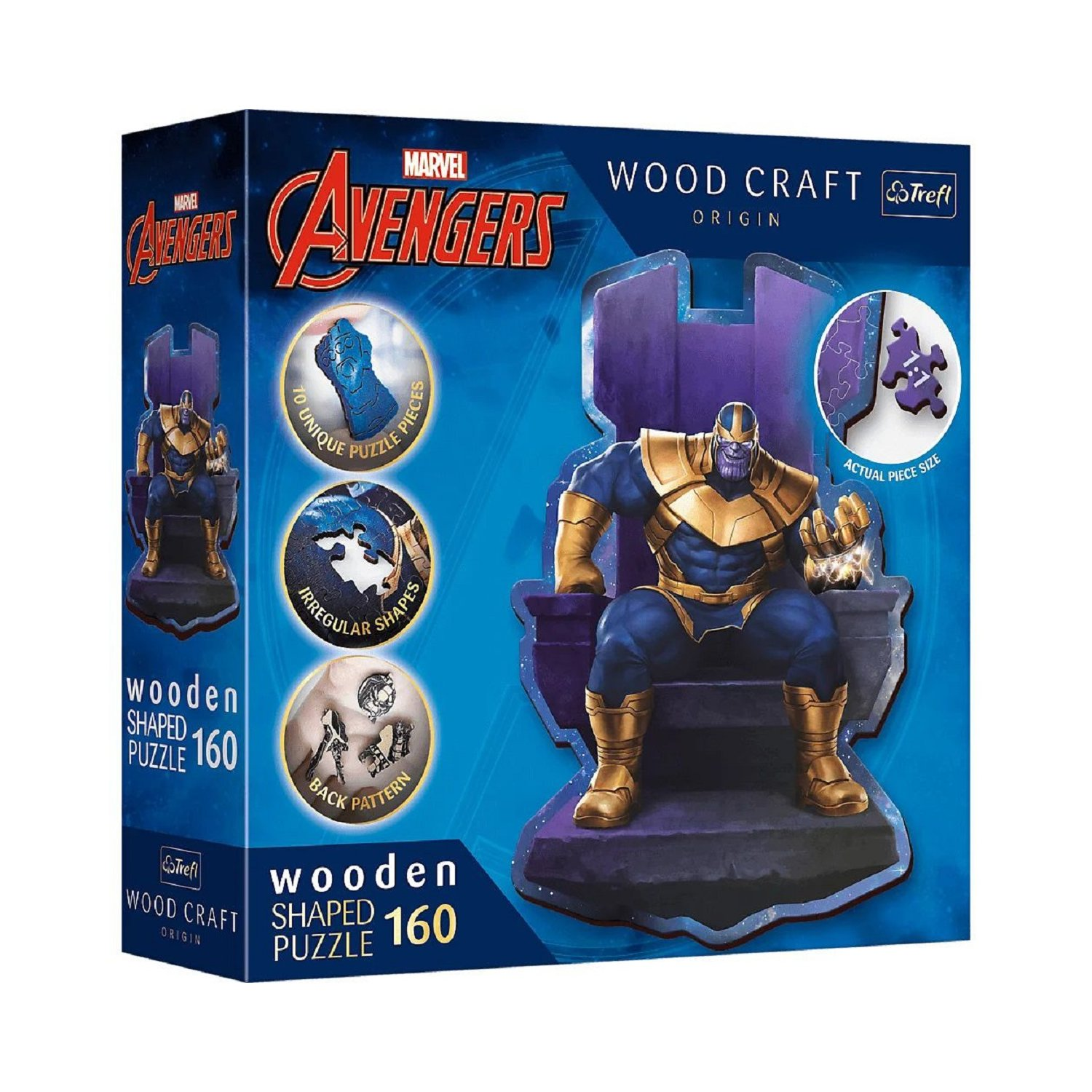 Scatola di un puzzle di Thanos. Thanos è seduto su un trono viola con il Guanto dell'Infinito.