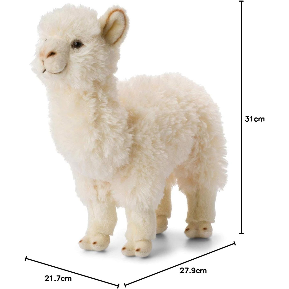 Puszysta, biała pluszowa zabawka lama, stojąca i zwrócona w lewo.