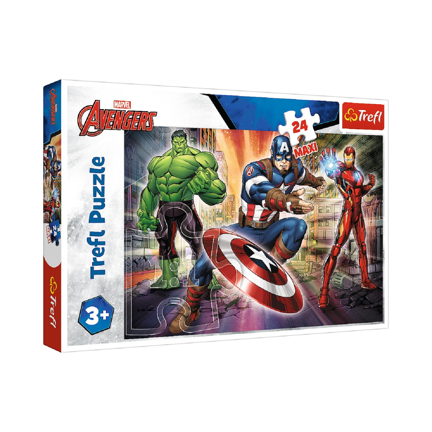 Boxed Avengers puzzle featuring Hulk, Captain America, and Iron Man. Comic style.