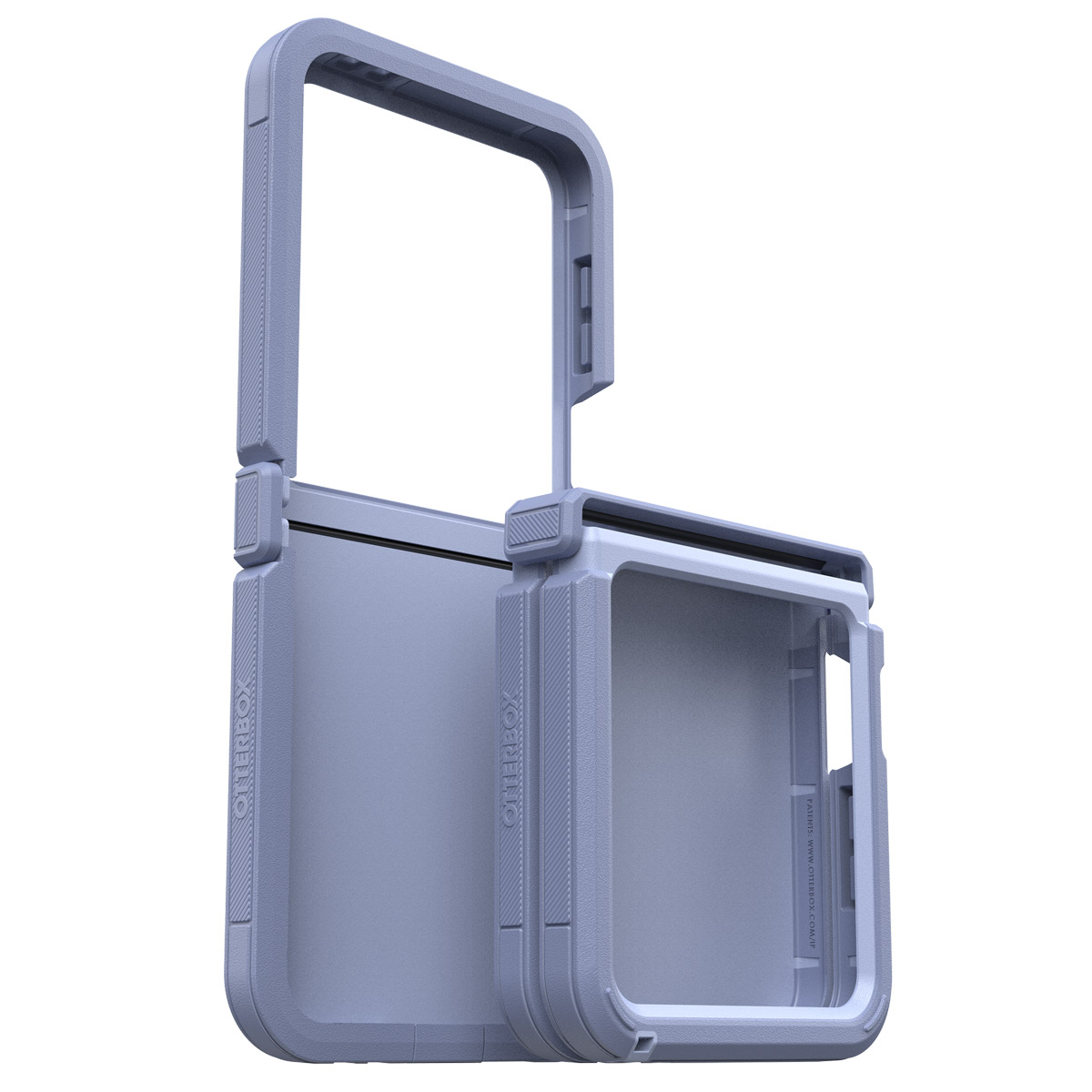 Coque de téléphone bleu clair, ouverte et pliée. Marque Otterbox, avec un cadre et des bords protecteurs.
