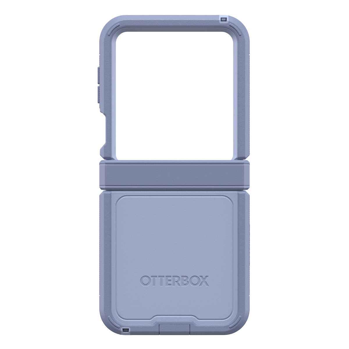Une coque de téléphone violet clair, ouverte, montrant un espace vide et le logo Otterbox.