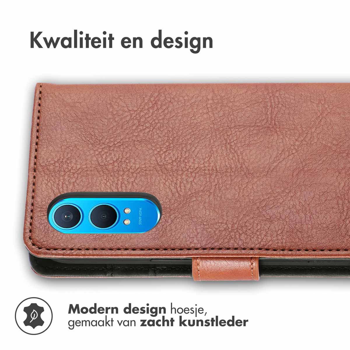Bruine telefoonhoes met een telefoon erin. De tekst zegt 'Modern design' en 'kunstleder'.