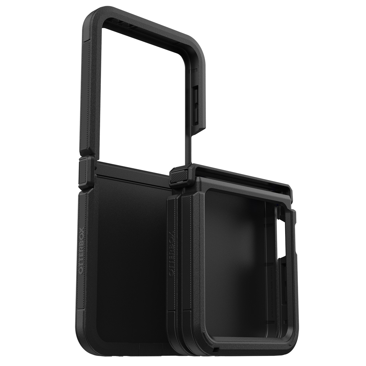 Étui de tablette noir, ouvert, avec une charnière.