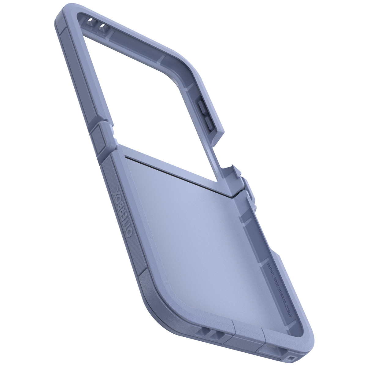 Coque de téléphone bleu clair, ouverte pour montrer le téléphone à l'intérieur.