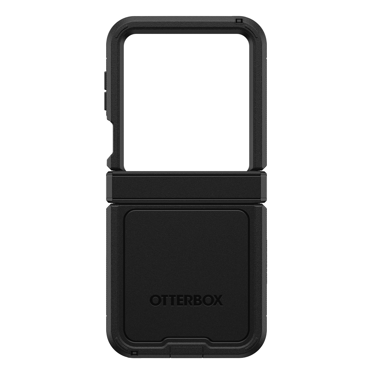Coque de téléphone noire, pliée fermée. Marque Otterbox, construction solide avec un cadre.