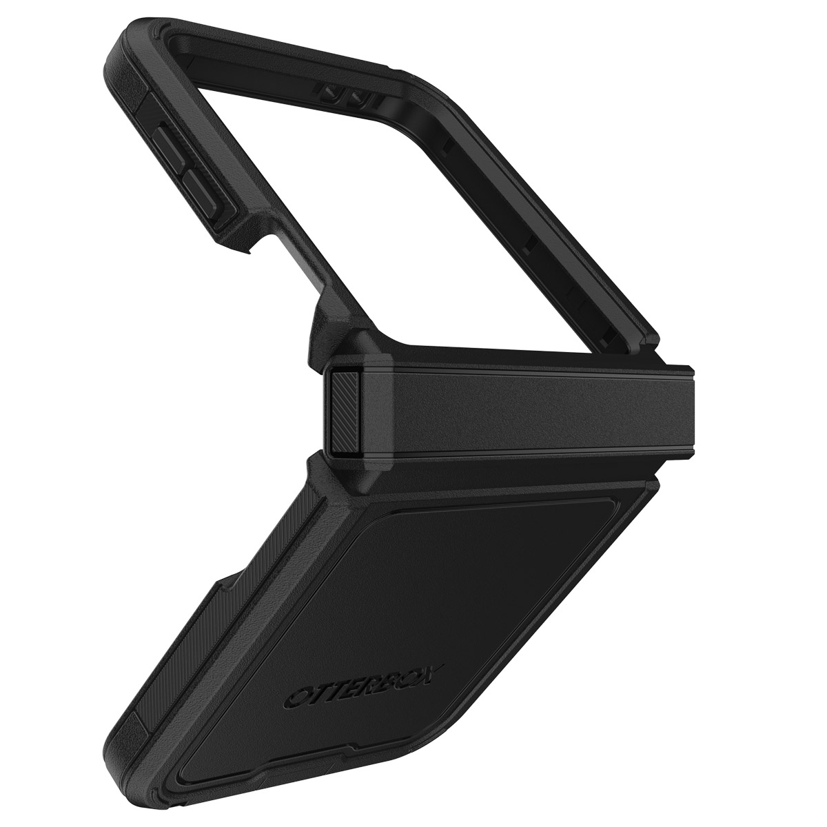 Une coque de téléphone noire, partiellement ouverte. La coque est en plastique texturé.