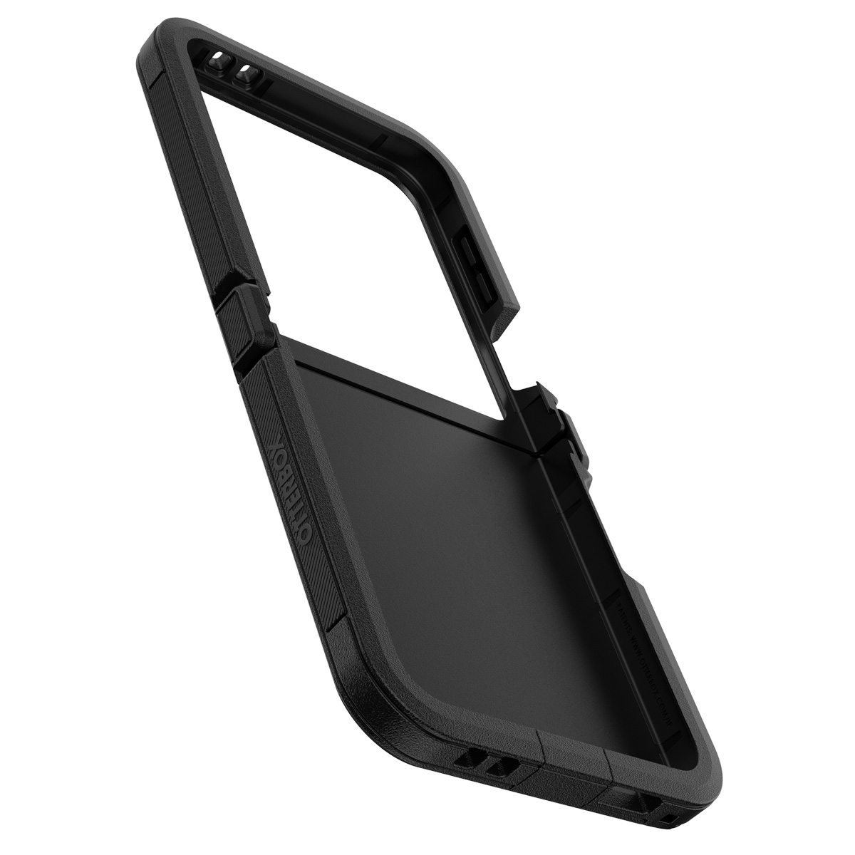 Coque de téléphone noire, ouverte, montrant l'intérieur et le design.