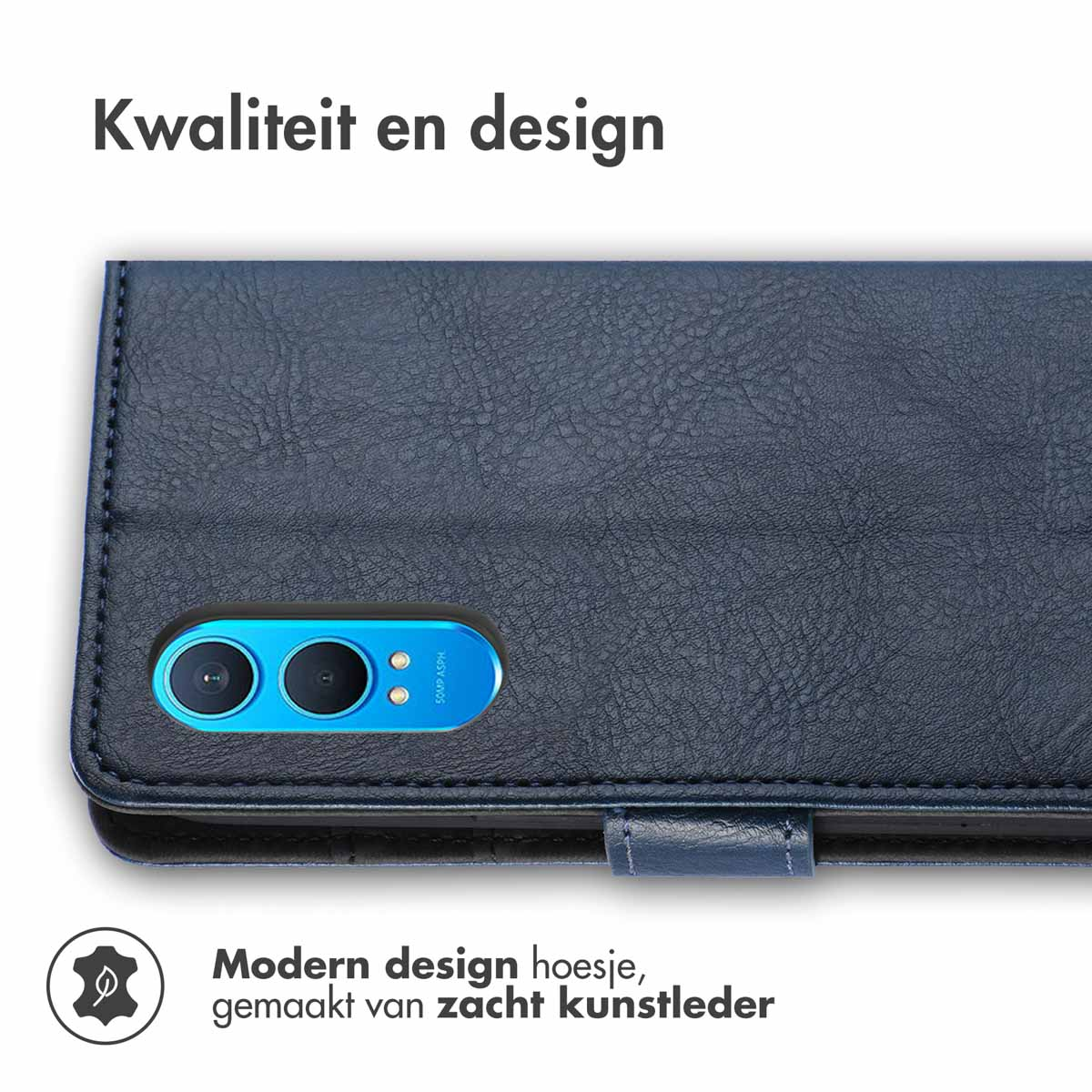 Een blauwe telefoonhoes is open en toont de telefoon. De hoes is van leer. De tekst luidt 'Modern design'.