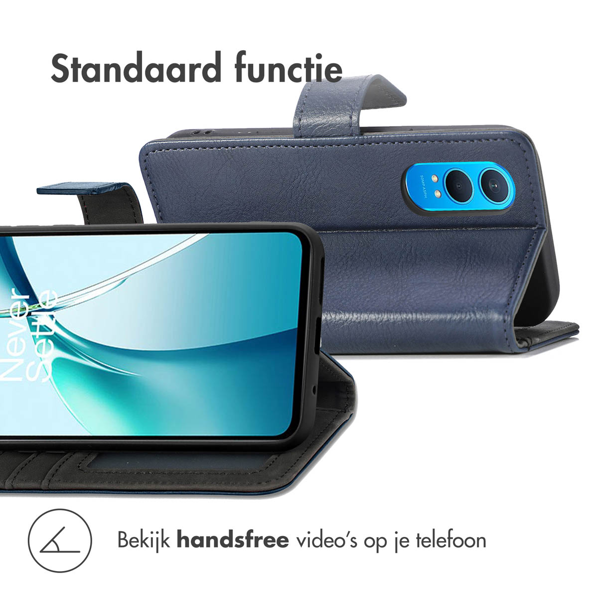 Een smartphone in een blauwe hoes, open, met het scherm, met de tekst 'Bekijk handsfree video's'.
