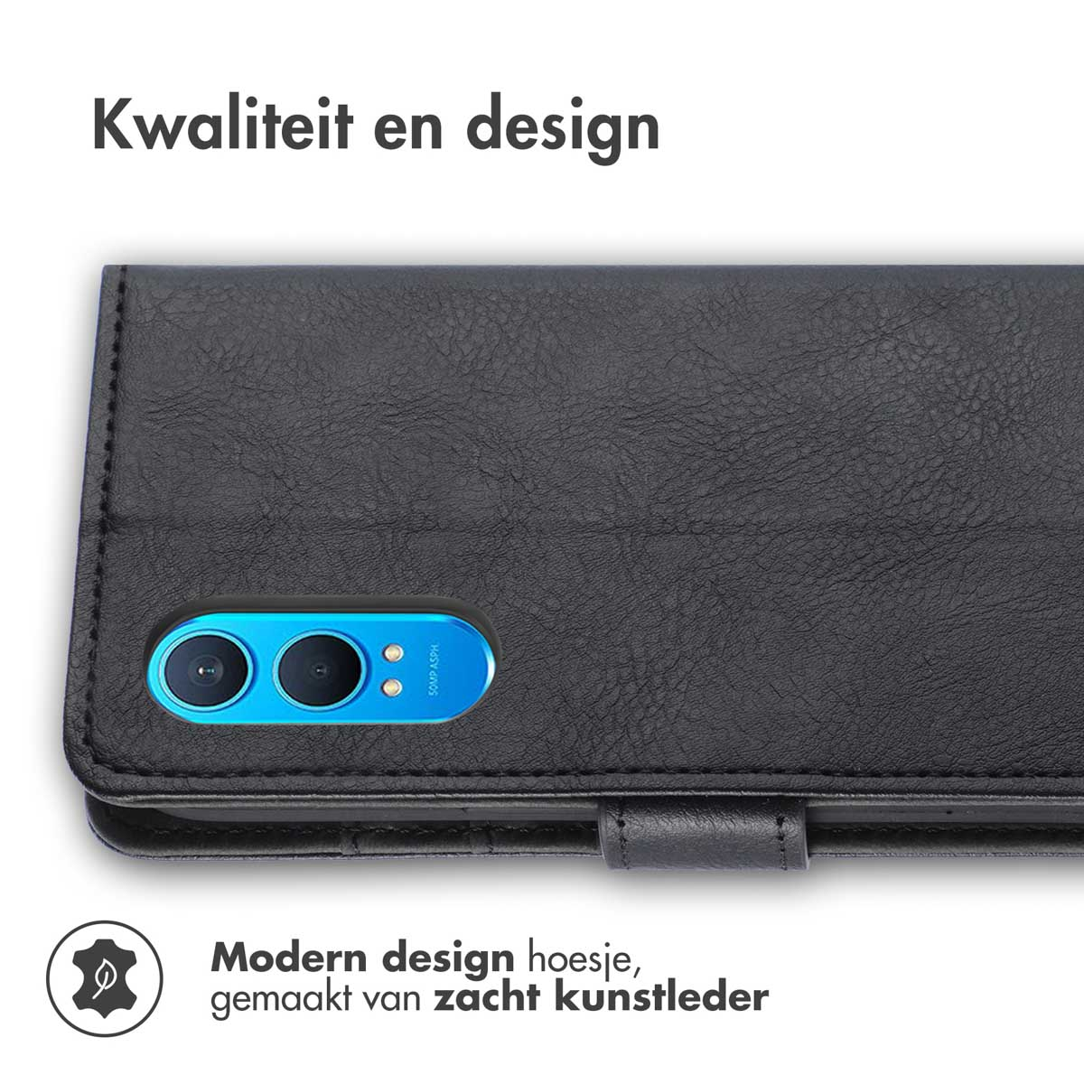 Een zwarte telefoonhoes. Het heeft een telefoon met twee camera's aan de achterkant.