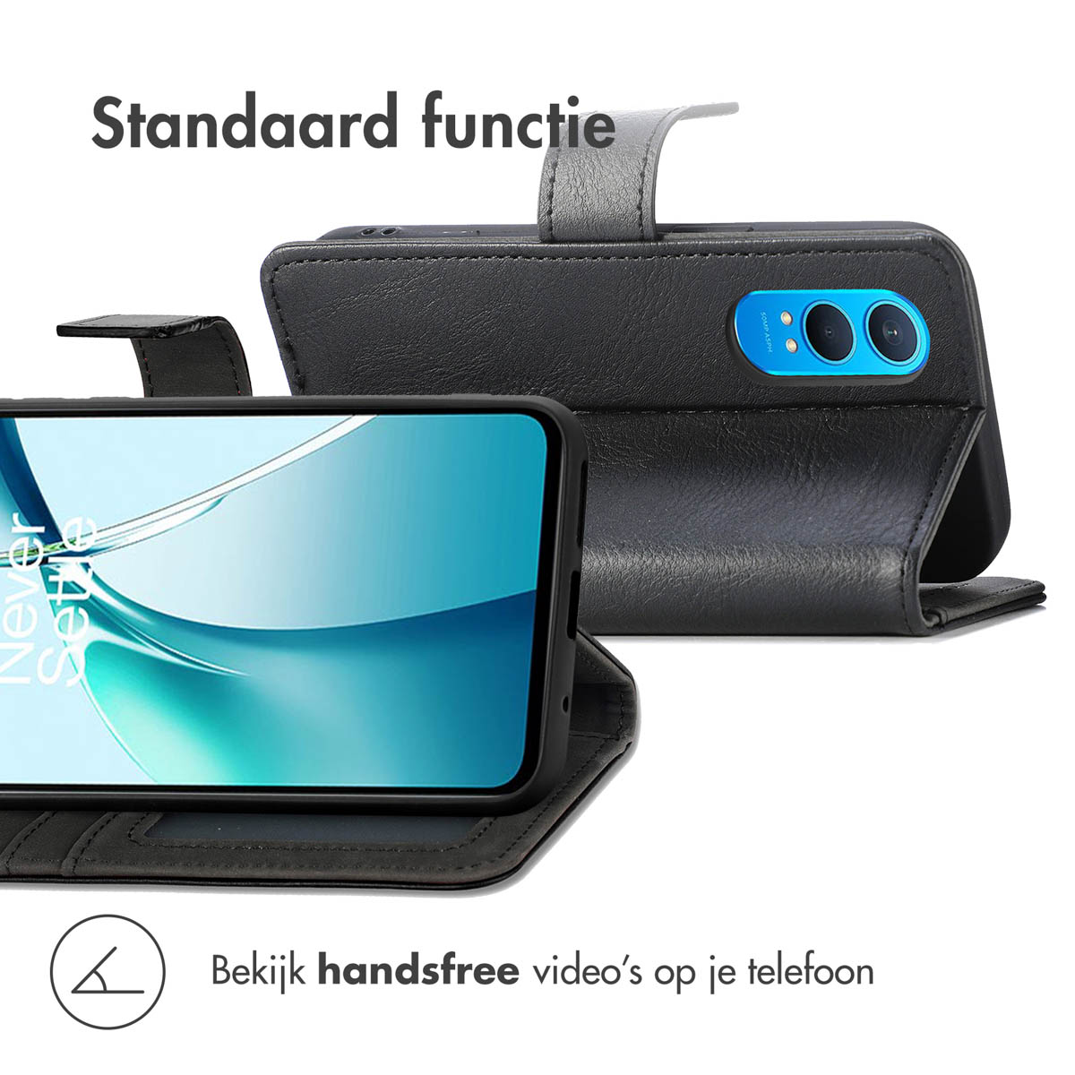 Zwarte telefoonhoes met een telefoon erin en een openstaande klep, op een wit oppervlak.