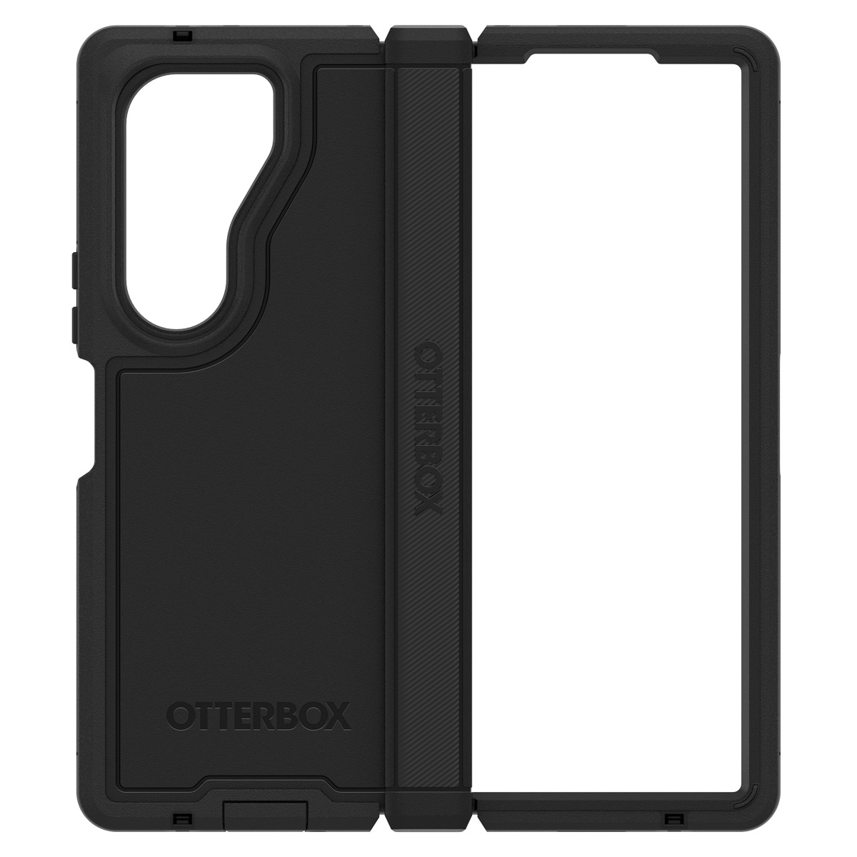 Custodia per telefono Otterbox nera, piegata. Il lato destro è aperto per il telefono.