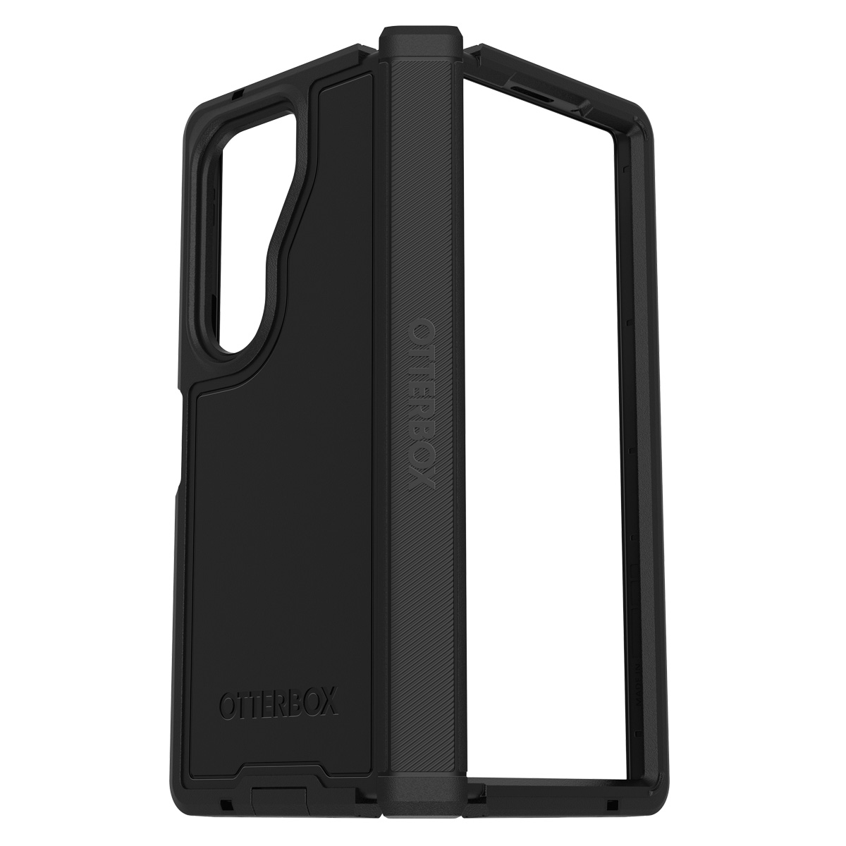 Una custodia nera per telefono, aperta, con il logo Otterbox. È progettata per un telefono pieghevole.