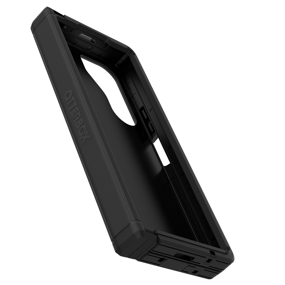 Custodia nera per telefono vista angolata. Presenta una superficie strutturata e interna.