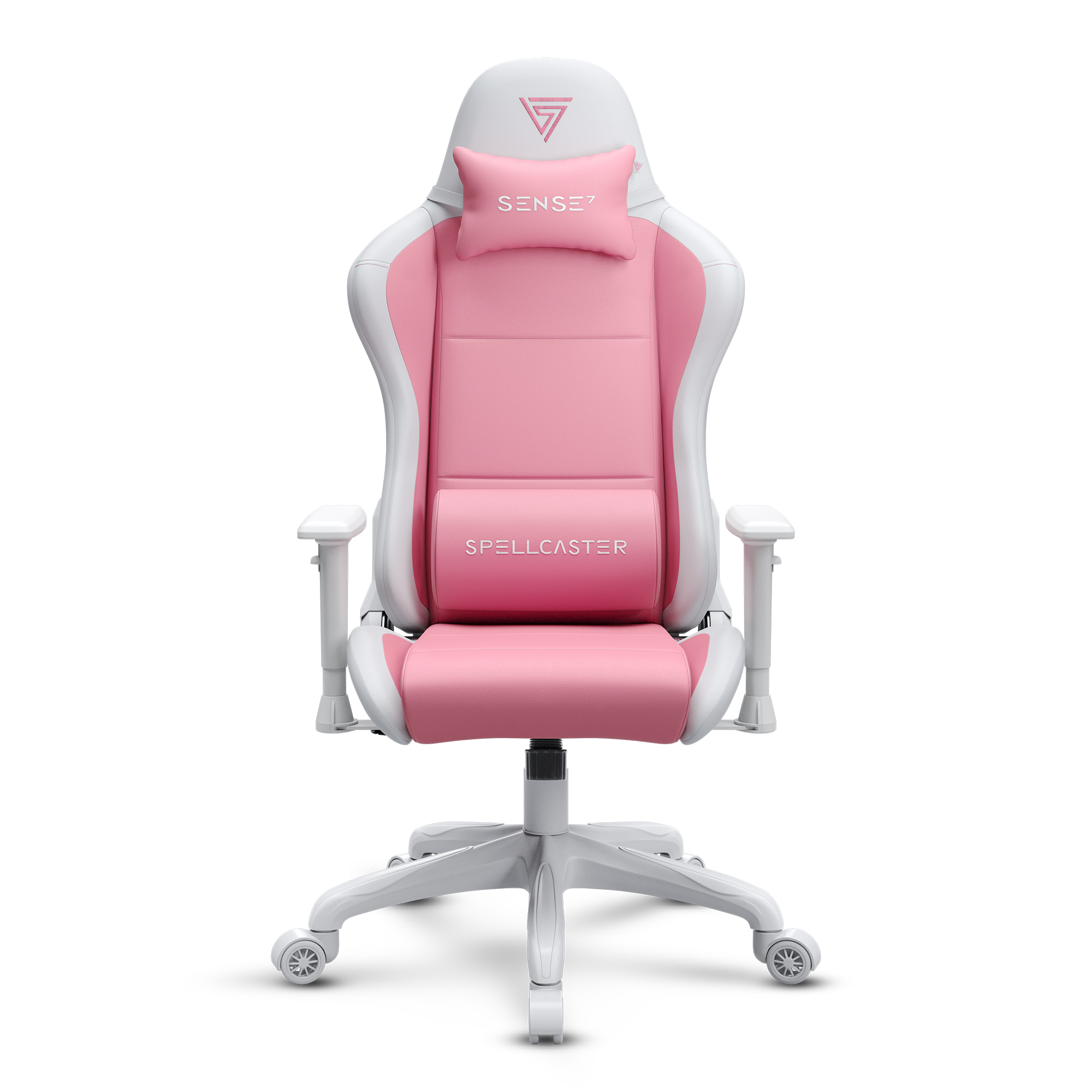 Een roze en witte gamingstoel tegen een witte achtergrond.
