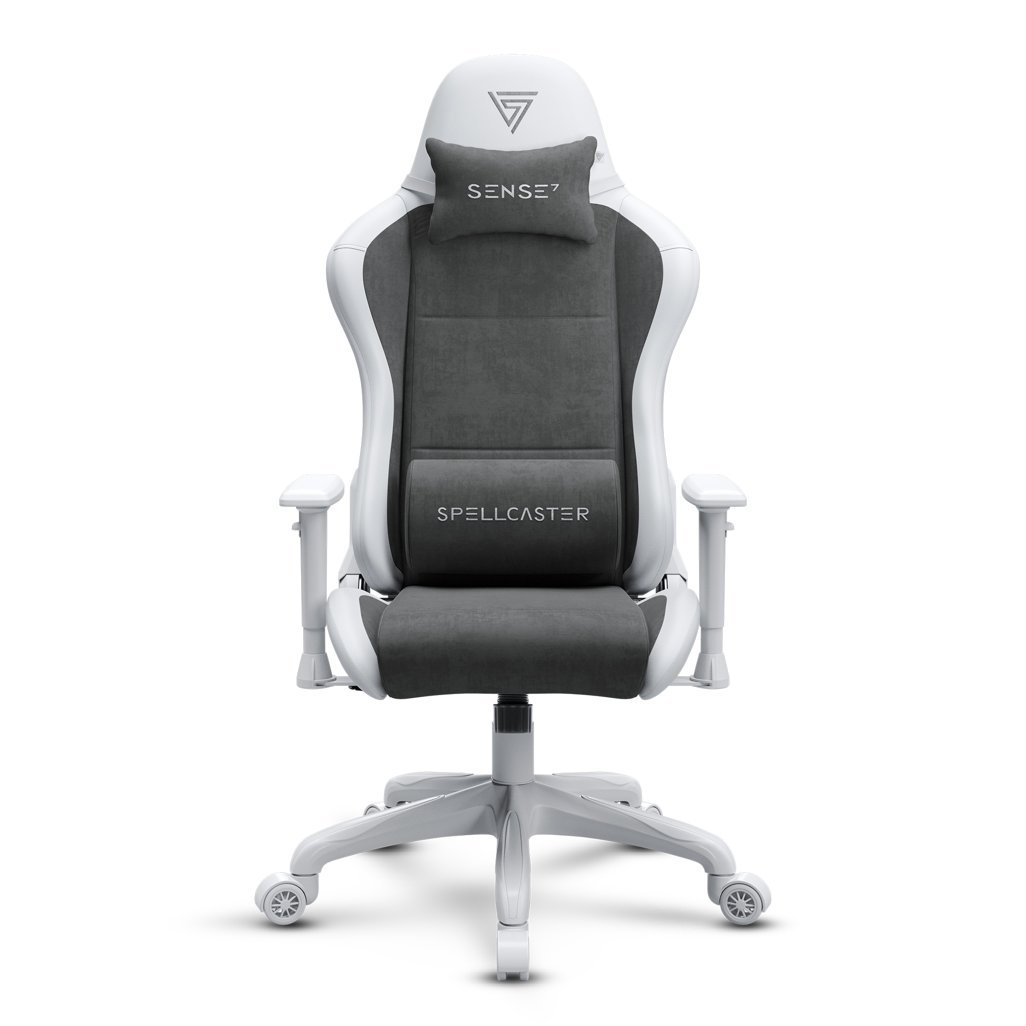 Een witte en grijze gamestoel, vooraanzicht.