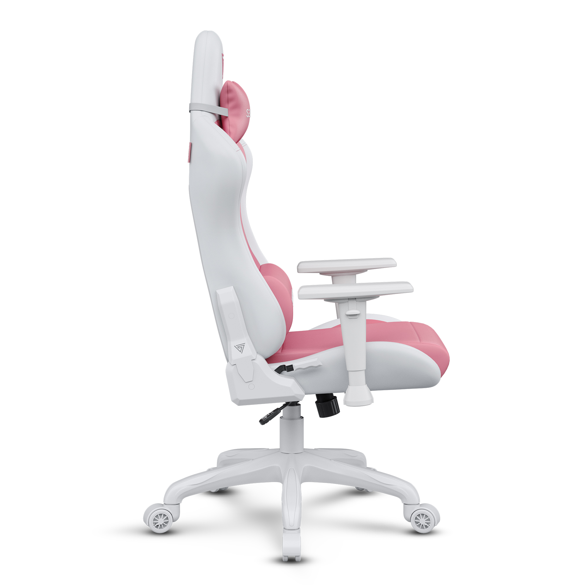 Roze en witte gamingstoel. De stoel heeft een hoge rug en wielen op een witte basis.