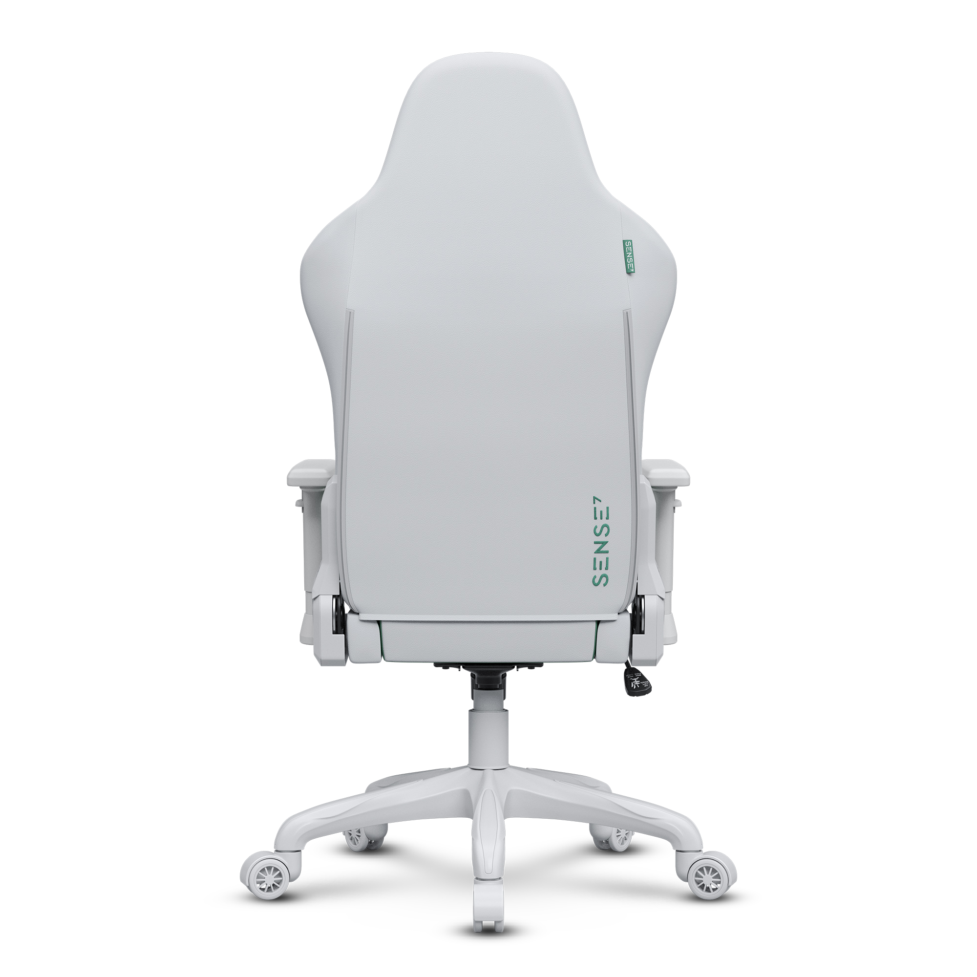 Een witte gamingstoel van achteren bekeken, met het ontwerp van de stoel en het 'SENSE7'-logo.