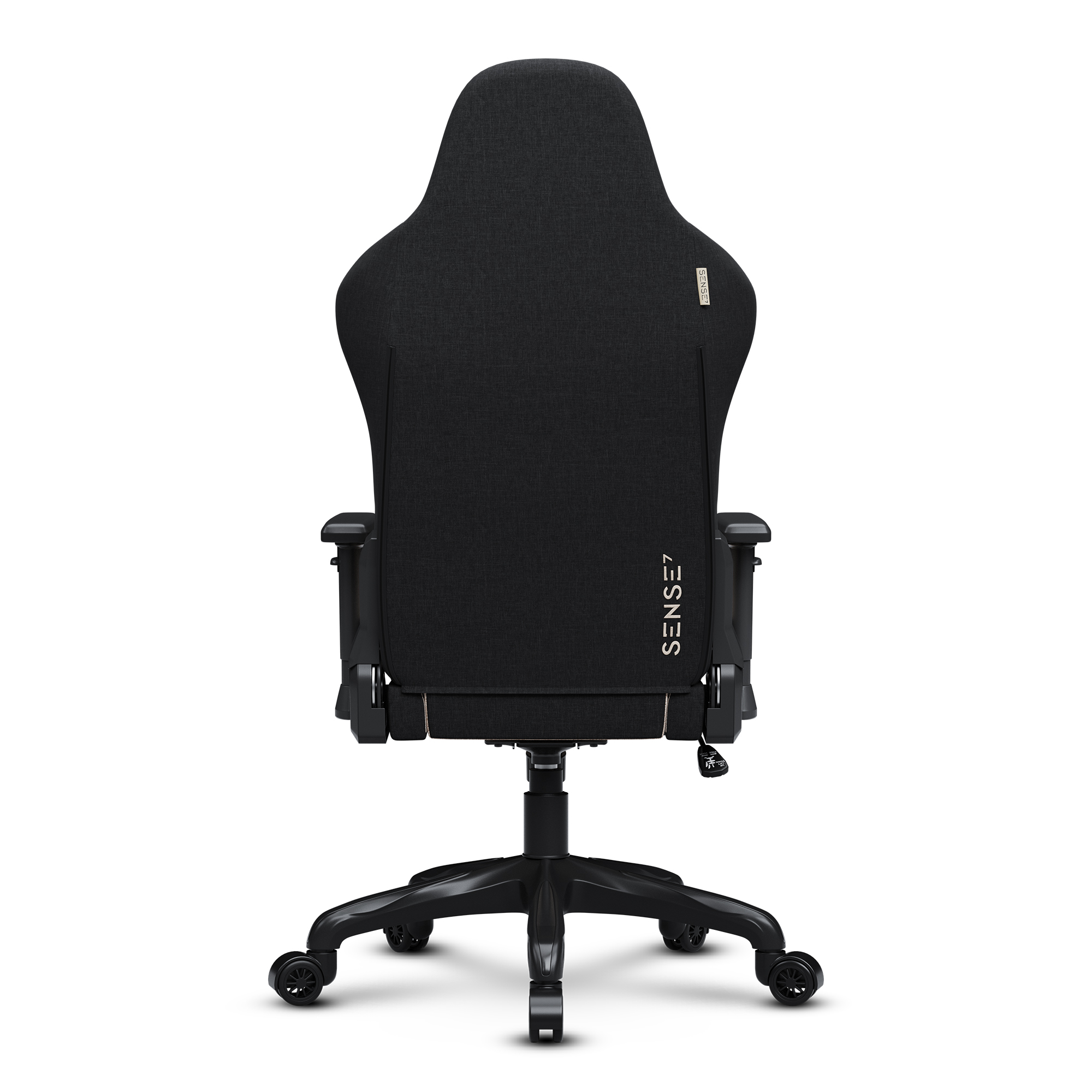 Gaming stoel, zwart, met een logo, achteraanzicht, op een witte achtergrond.