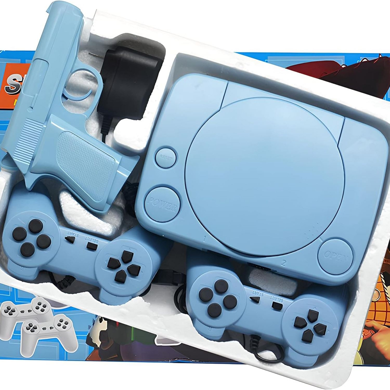 Set di videogiochi giocattolo blu. Include una pistola, console, due controller e controller extra.