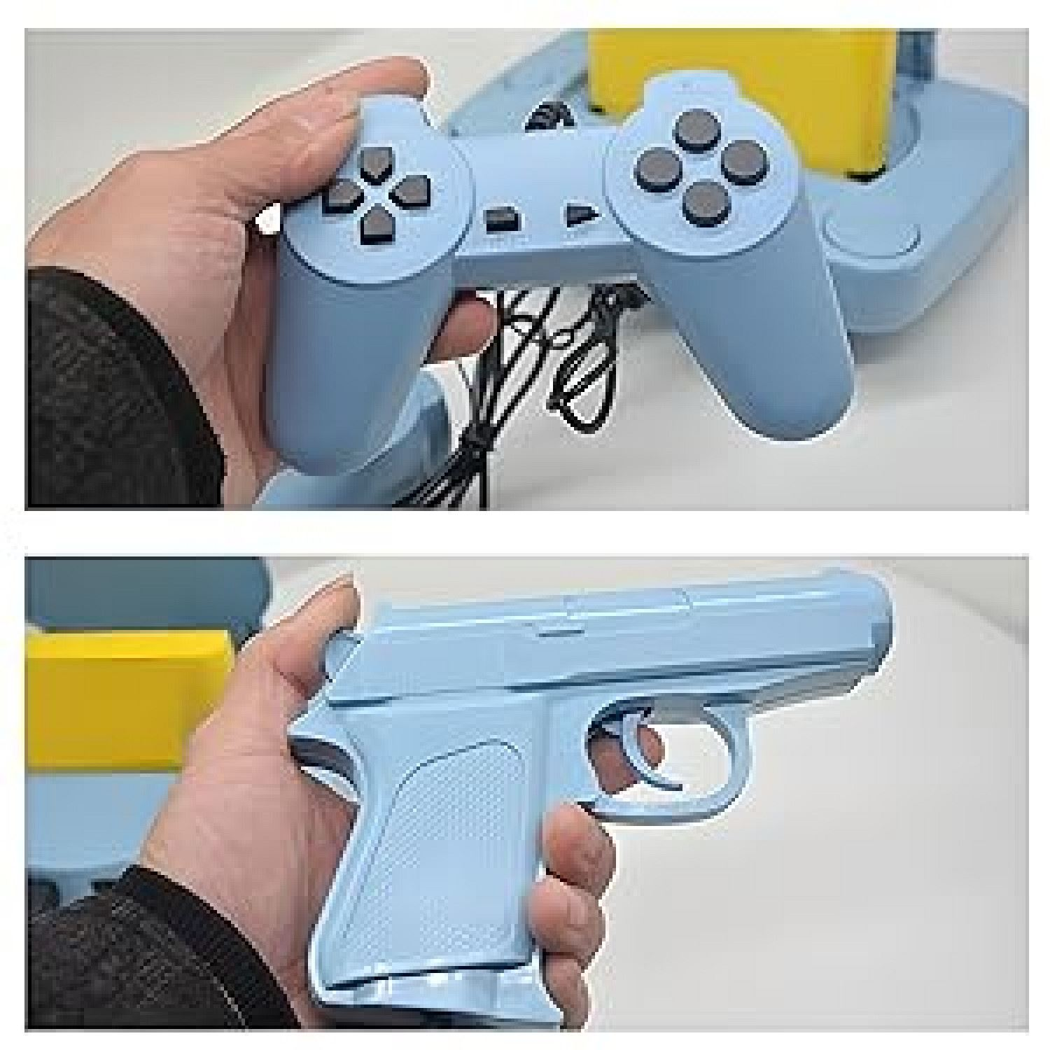 Due immagini: una con un gamepad blu, l'altra con una pistola giocattolo blu.